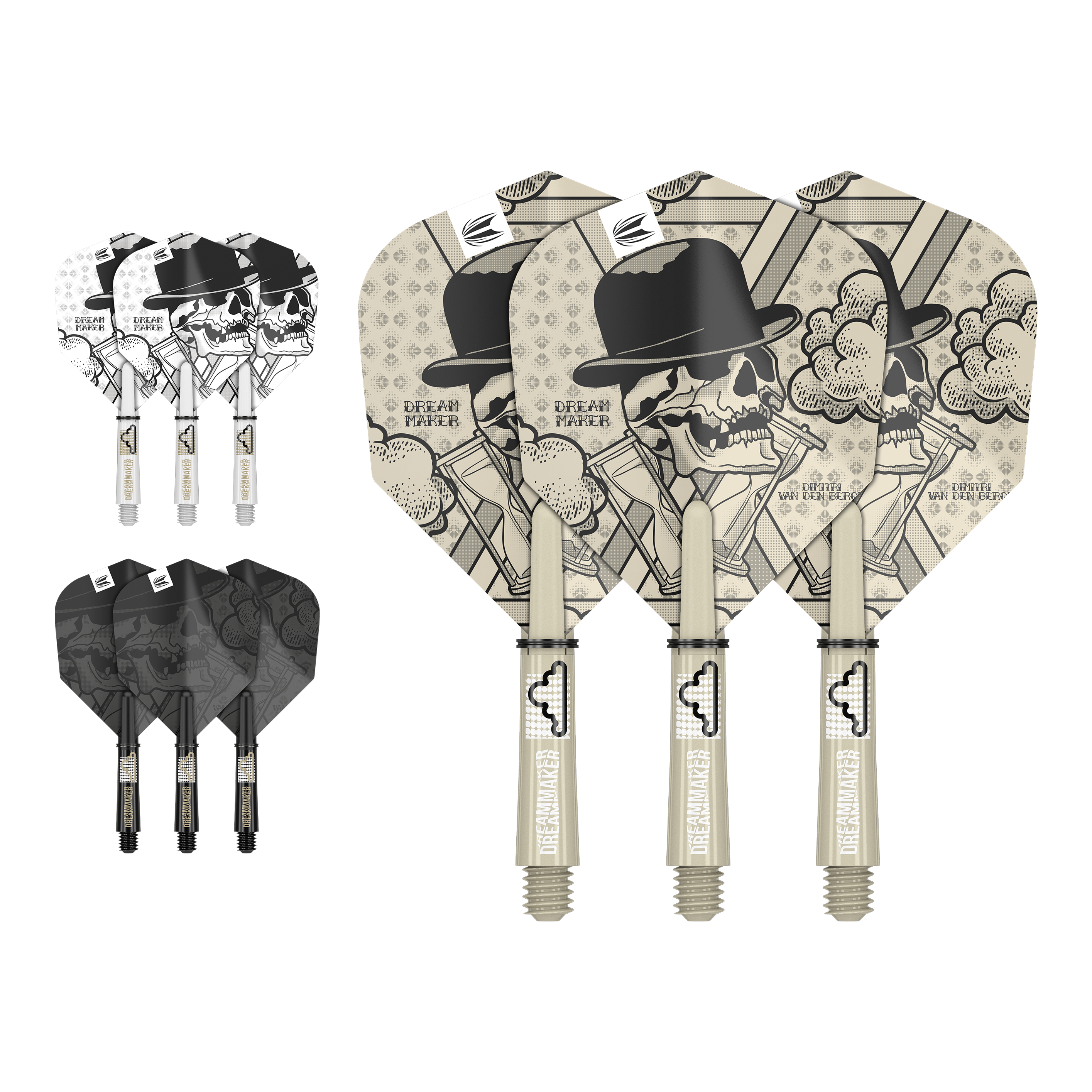 Zestaw wałków lotniczych Target Ink Dimitri Van Den Bergh Das Bild zeigt drei unterschiedlich gestaltete Dartflights und -schäfte mit einem Totenkopf-Motiv und dem Text "Dream Maker". Die Designs sind in den Farben Beige, Schwarz und Weiß gehalten.