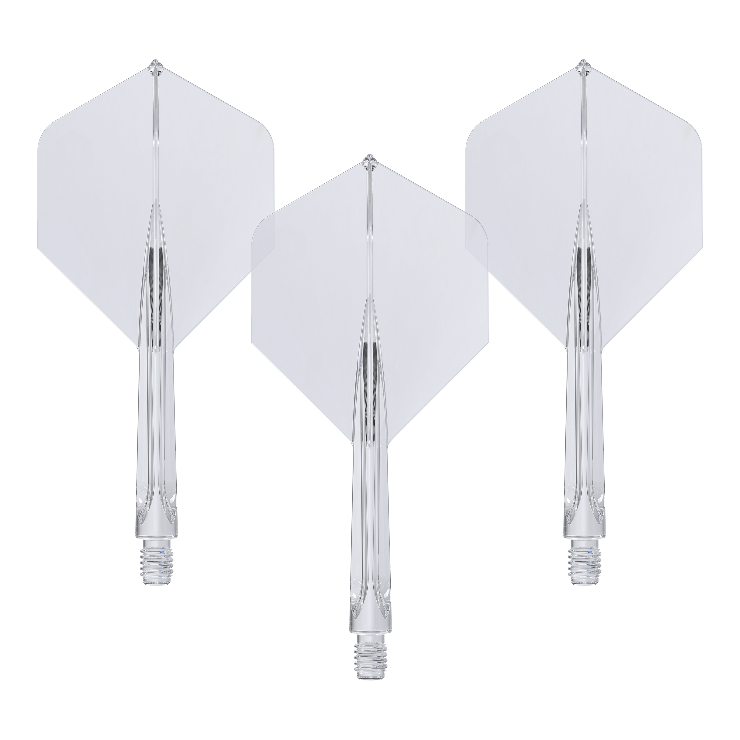 Unicorn Forge All In One Plus No2 Standard Flights Clear - Medium Das Bild zeigt drei klare, mittellange Unicorn Forge All In One Plus No2 Standard Flights. Sie sind durchsichtig und haben eine integrierte Flight- und Schaft-Konstruktion.