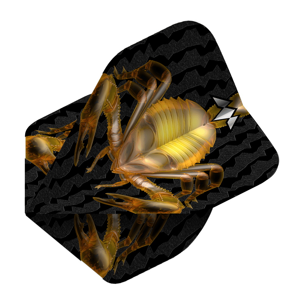 Misja Solo Scorpion nr 2 Standardowe loty Das Bild zeigt ein schwarzes Dartflugblatt mit einem goldenen Skorpion-Design in der Mitte. Im Hintergrund sind wellenförmige Muster zu sehen.