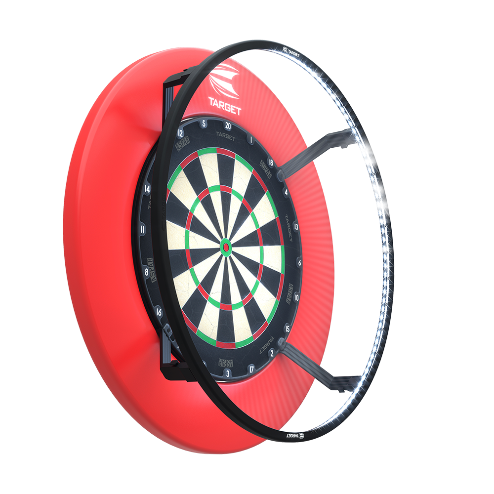 System oświetlenia tarczy LED Target CORONA Vision Das Bild zeigt das Target CORONA Vision LED Dartboard-Beleuchtungssystem an einer Dartscheibe montiert. Ein LED-Ring sorgt für eine gleichmäßige Ausleuchtung der gesamten Spielfläche.