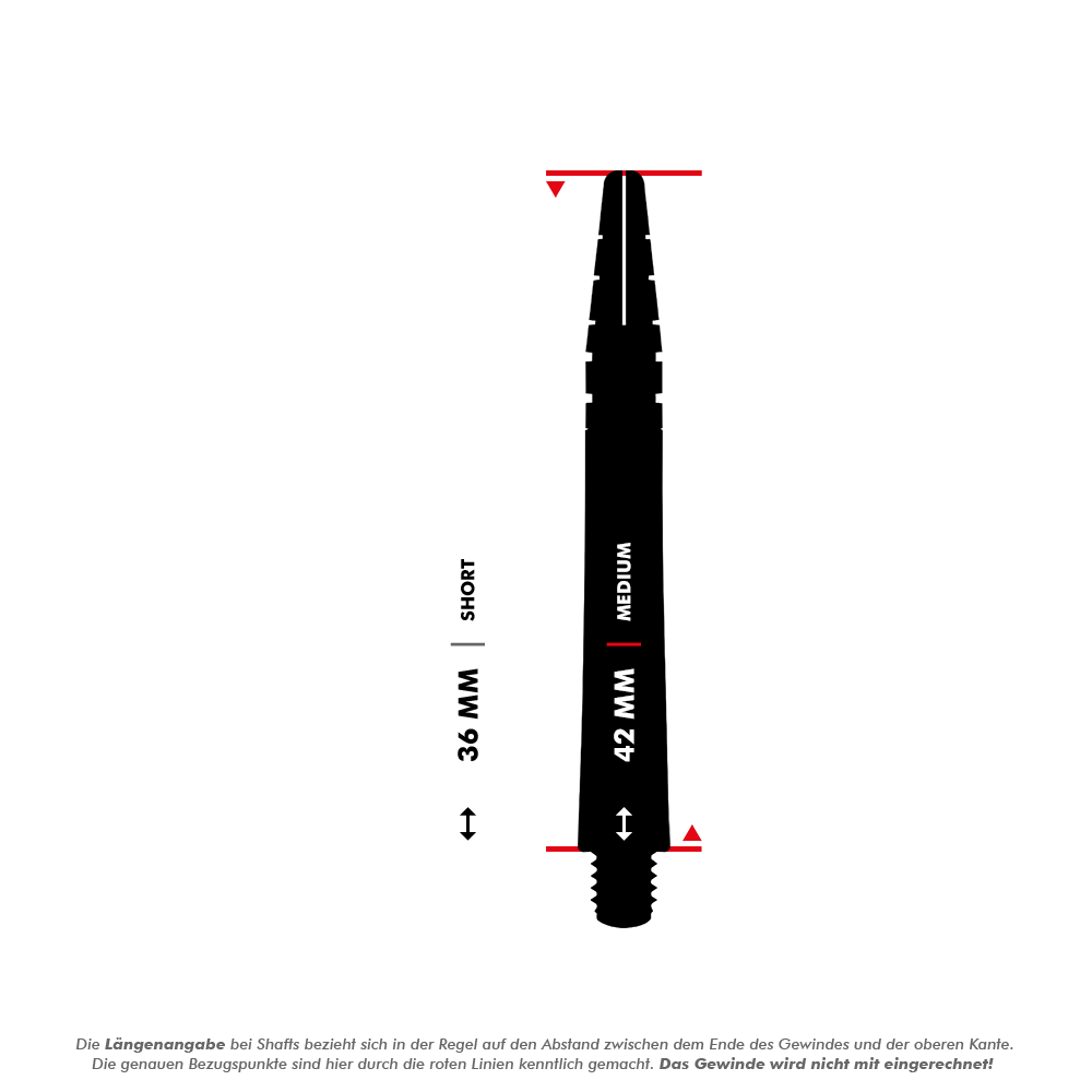 C634_Red_Dragon_Nitrotech_Gerwyn_Price_Shafts_5_42mm Auf dem Bild sind zwei verschiedene Längen der Red Dragon Nitrotech Gerwyn Price White Shafts zu sehen. Die kurzen Shafts sind 36 mm lang und die mittleren Shafts sind 42 mm lang.