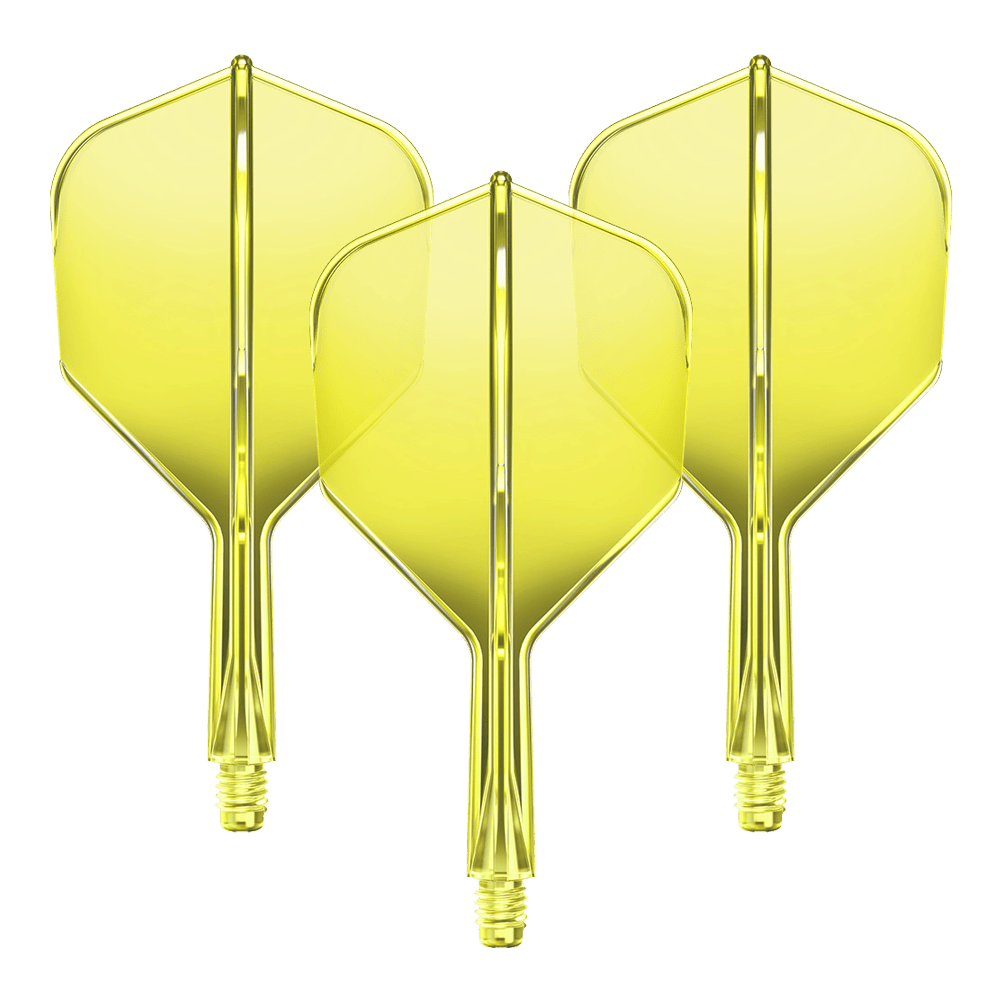 Ein Flight-Shaft-System GOAT A1R No6 in Neon-Gelb mit 19mm Länge ist zu sehen. Das Set besteht aus Komponenten für Dartpfeile.
