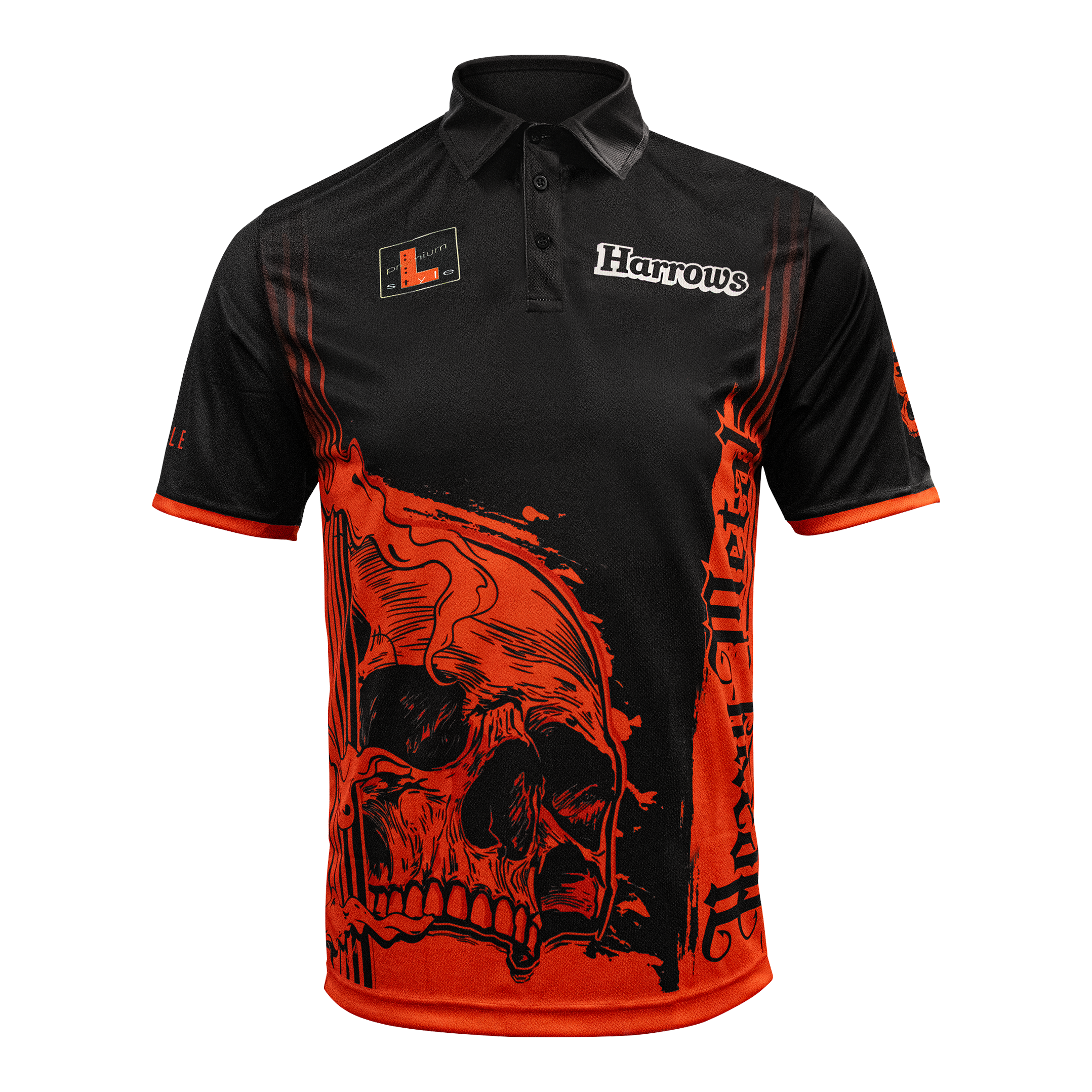 Das Bild zeigt das Harrows Ryan Searle Heavy Metal Playershirt. Es ist ein spezielles Dartshirt, das für Spieler entworfen wurde.