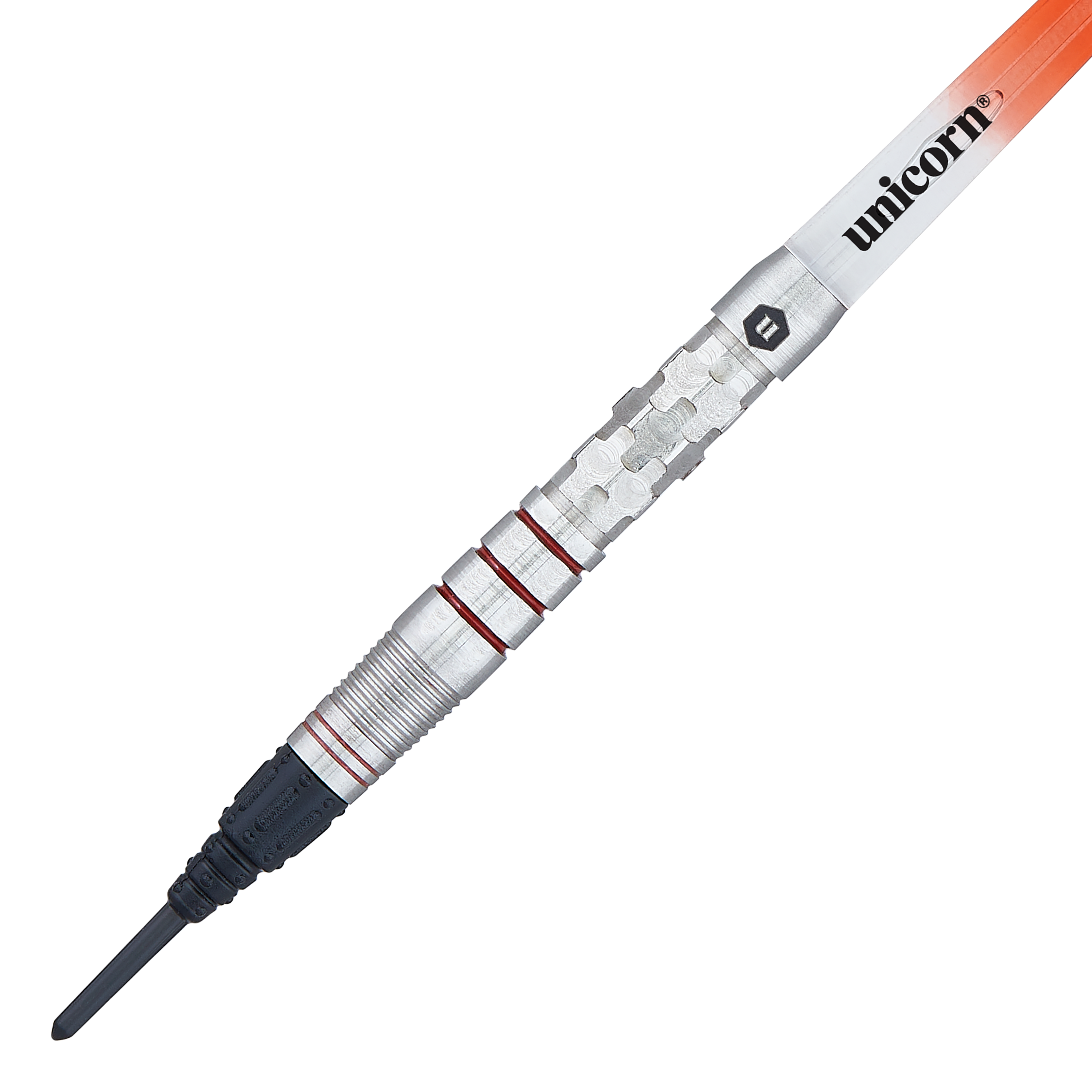Unicorn Ballista Style 3 miękkie lotki Das Bild zeigt einen Unicorn Ballista Style 3 Softdart. Der Dart hat ein silbernes Barrel mit roten Ringen und einer schwarzen Softspitze.