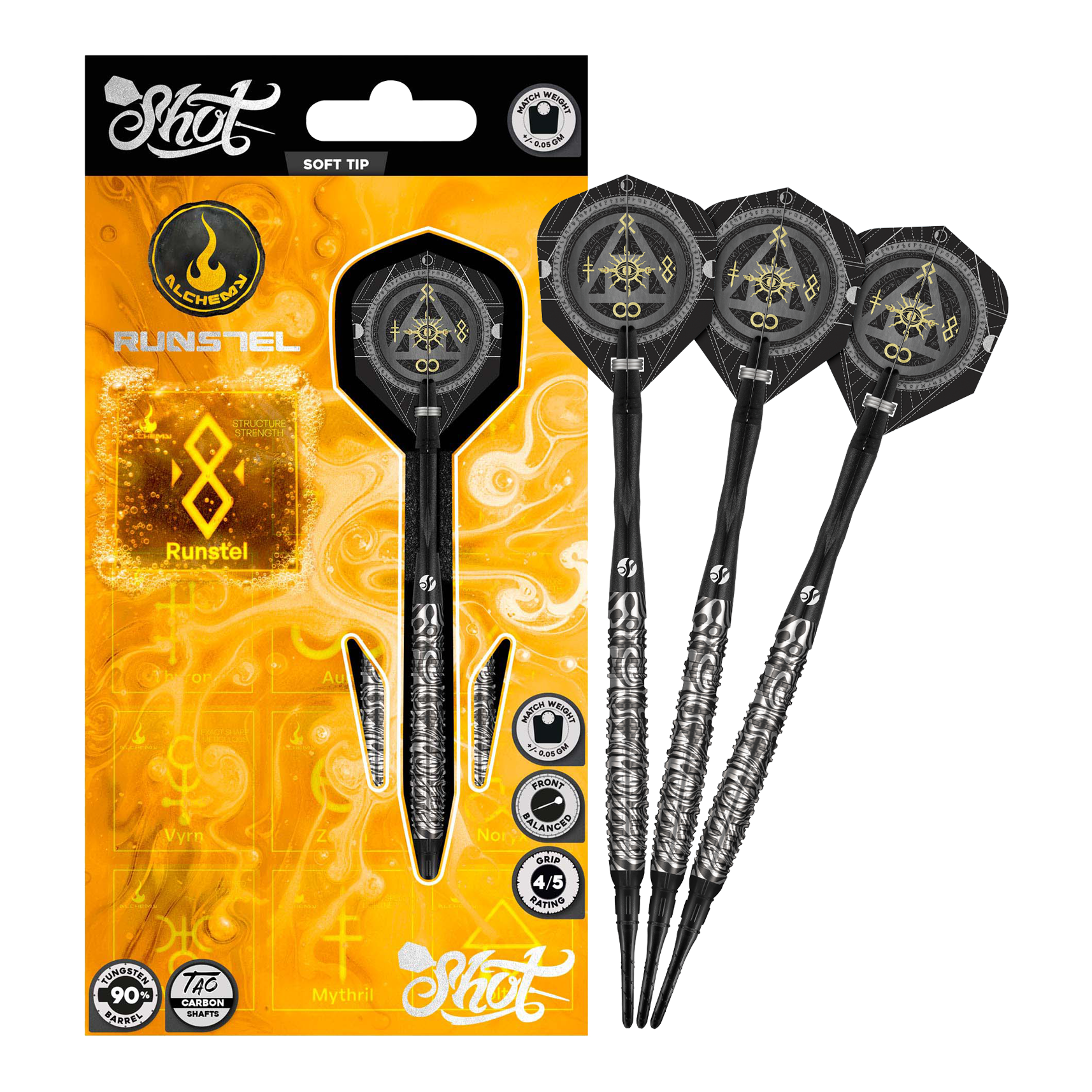 Shotki Runstel Soft Darts firmy Shot Alchemy - 20 g Das Bild zeigt die Shot Alchemy Runstel Softdarts mit 20 Gramm Gewicht. Die Darts sind vollständig und detailliert abgebildet.