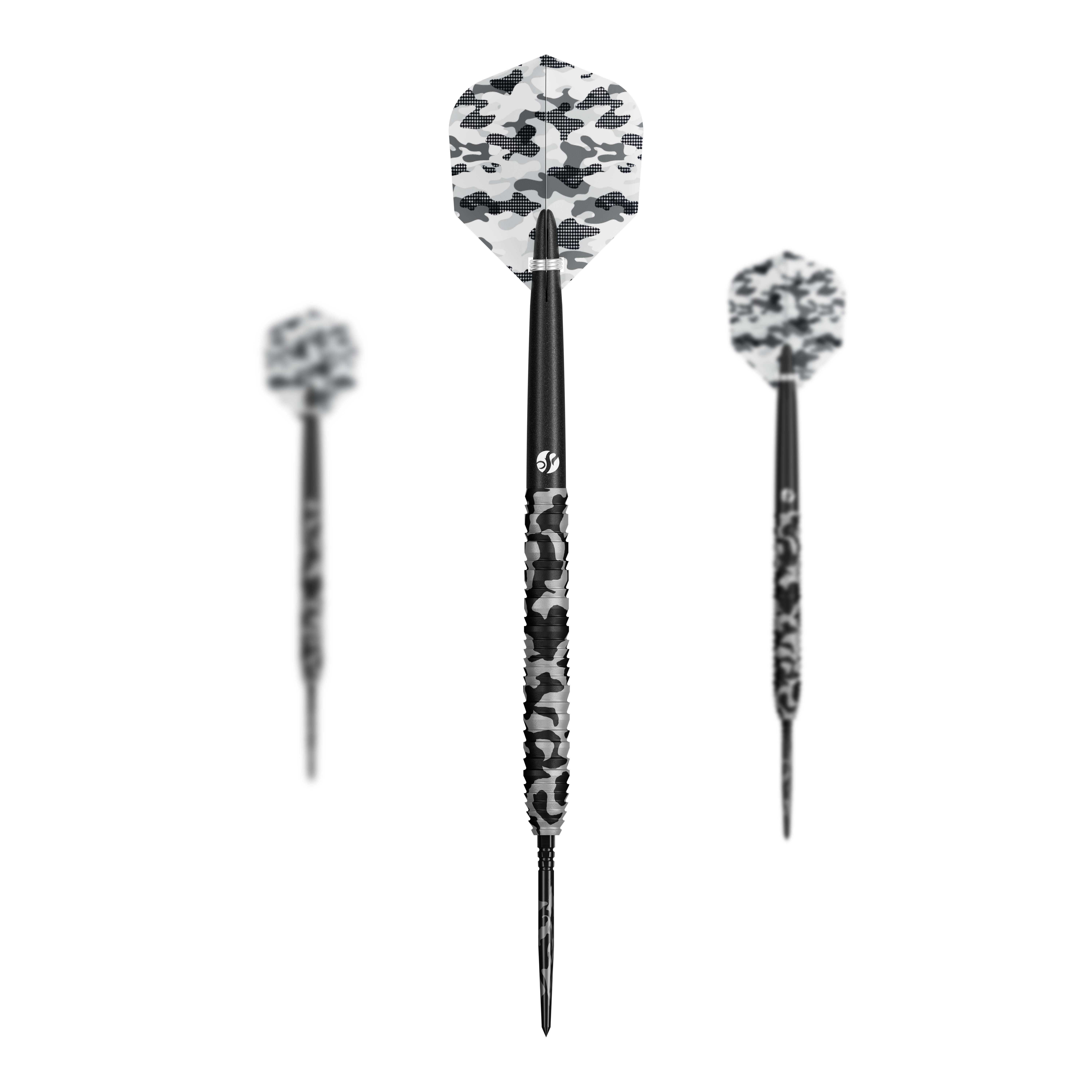 Shot Camo Polar Turbo Point Steeldarts Abgebildet ist ein Set Shot Camo Polar TurboPoint Steeldarts. Die Darts sind aufgereiht und dekorativ gestaltet.