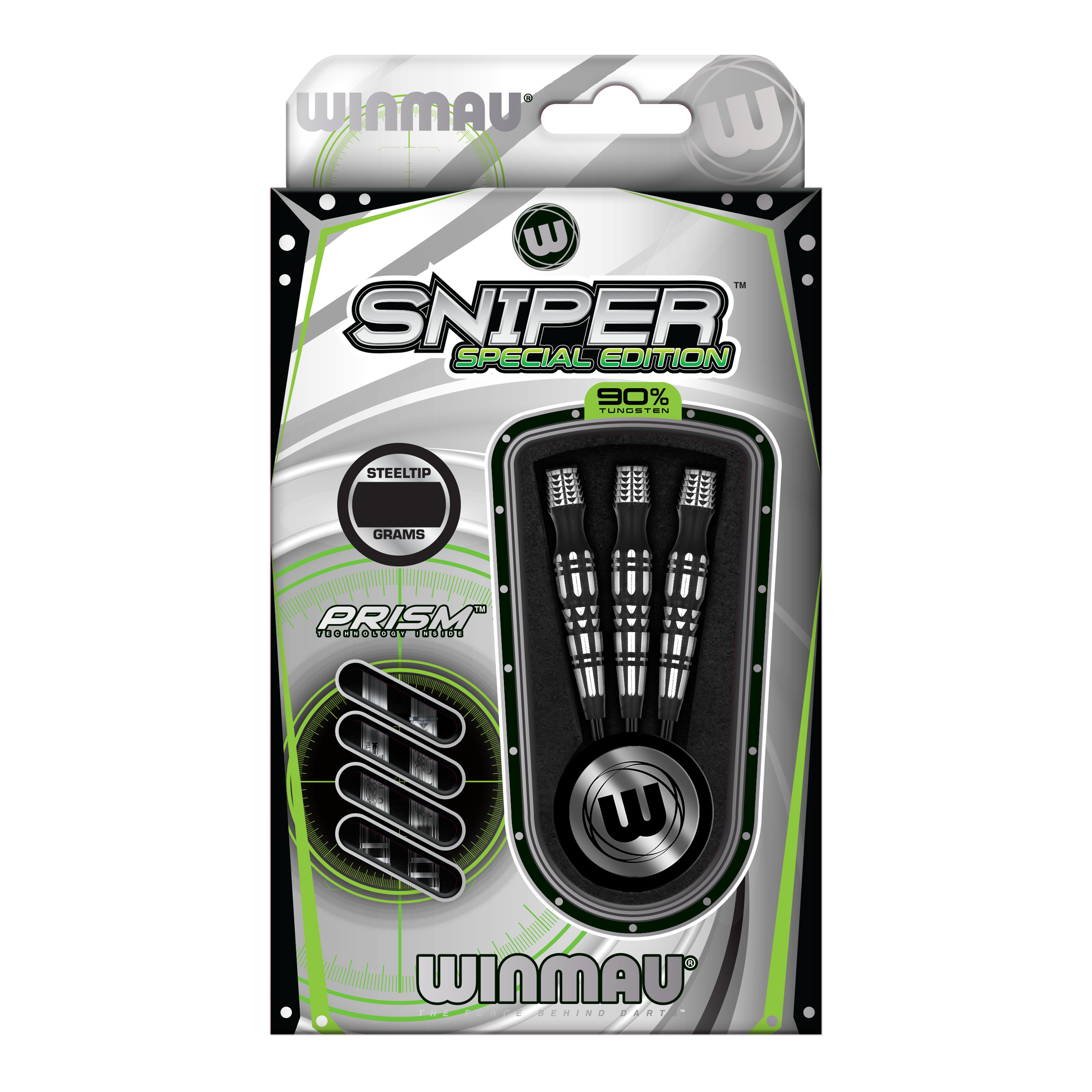 Stalowe strzałki Winmau Sniper Special Edition V2 Die Abbildung zeigt die Verpackung der "Winmau Sniper Special Edition V2 Steeldarts". In der Packung sind drei Steeldarts mit Prism-Technologie und einem Tungsten-Anteil von 90 % enthalten.