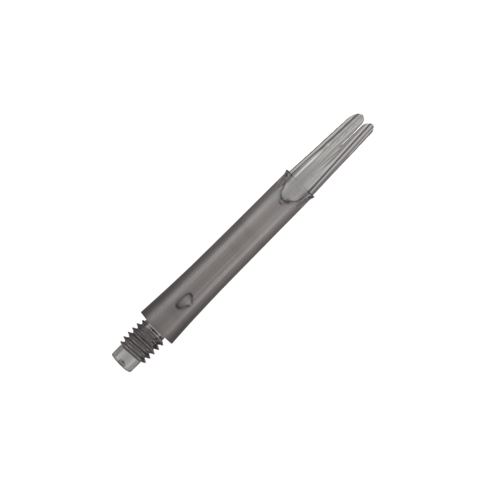 Das Bild zeigt einen transparent schwarzen Dart-Schaft ohne Kappen. Der Schaft ist gerade und hat ein Gewinde am unteren Ende.