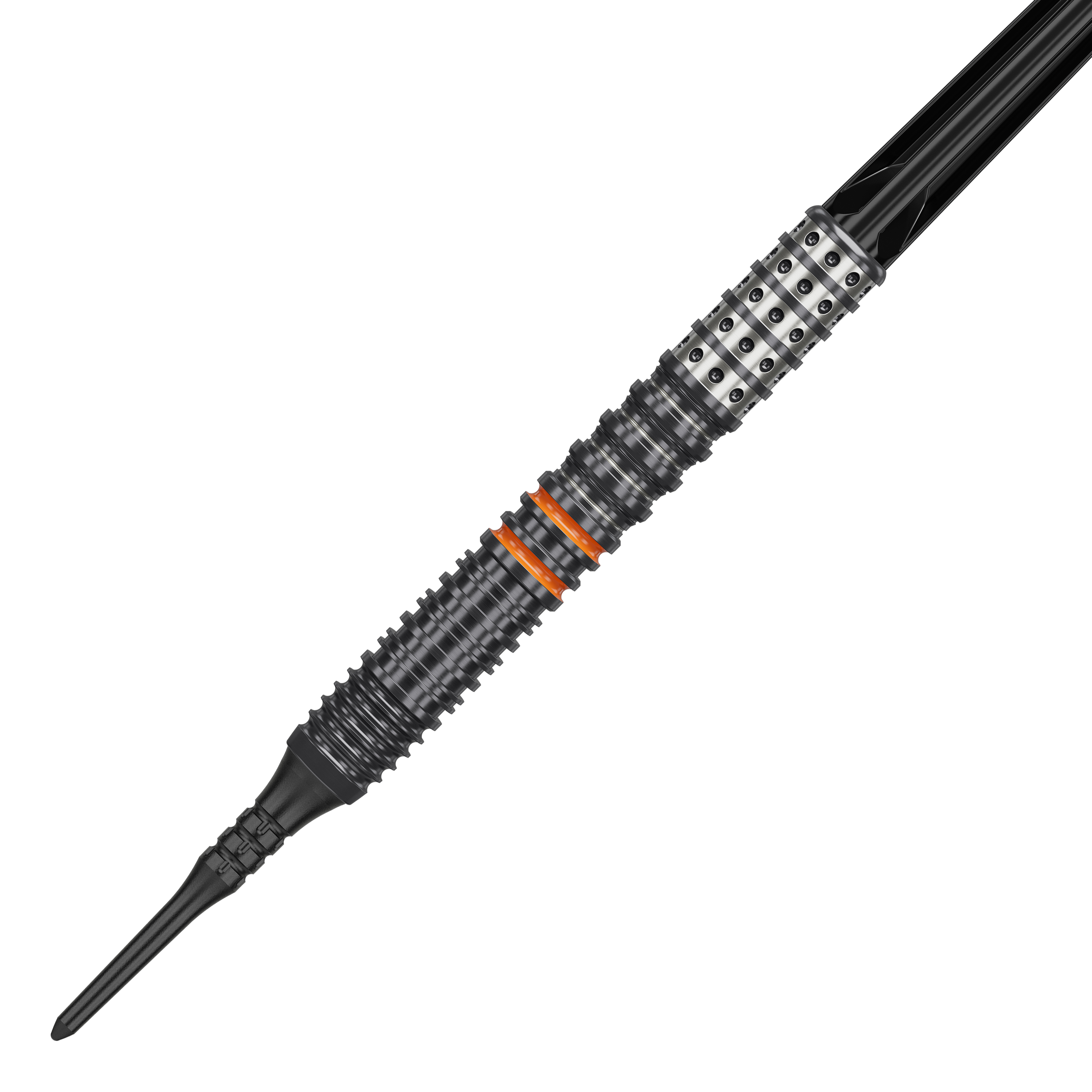 Das Bild zeigt einen Softdart namens "Target Japan Black Marque Morpheus GEN2" mit einem Gewicht von 19g. Der Dartpfeil hat ein schwarzes, geriffeltes Design mit silbernen und orangefarbenen Akzenten.