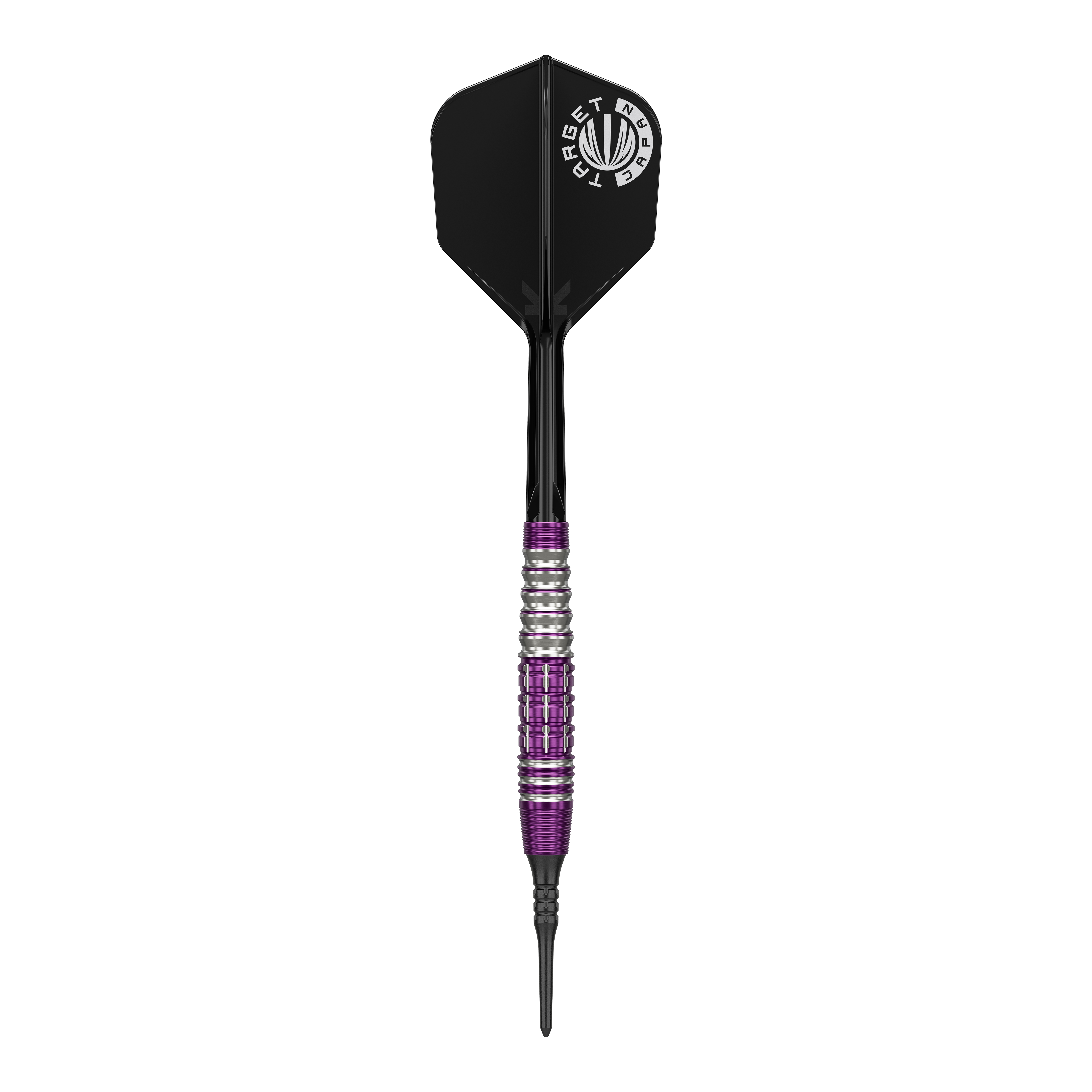 Das Bild zeigt einen Softdart aus der Serie 'Target Japan Prime Series Tung Suk Zenith GEN1' mit einem Gewicht von 19g. Der Dart hat eine schwarz-violette Optik mit silbernen Akzenten am Griff.
