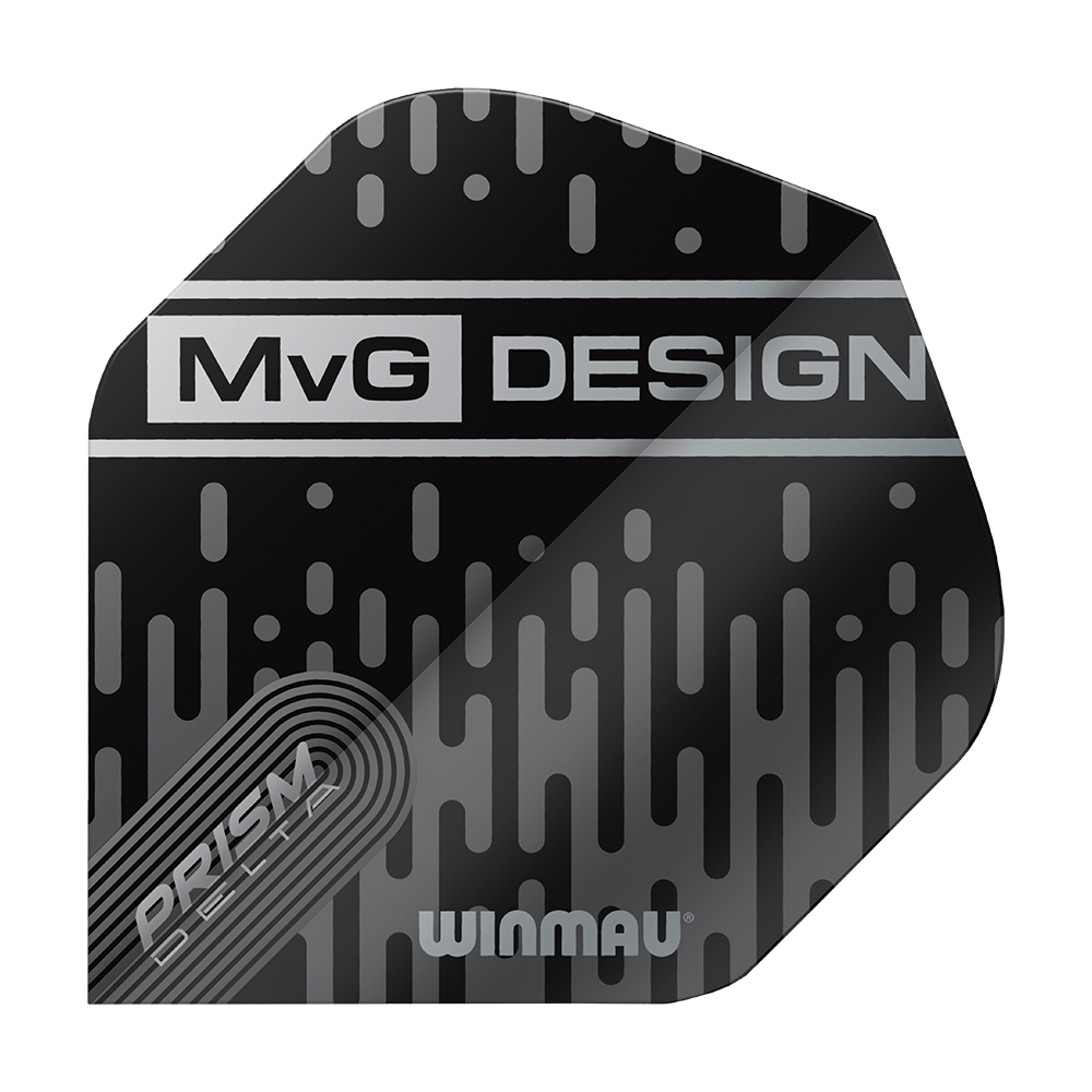 6915-214_Winmau_Prism_Delta_MvG_6915-214_Standard_Flights_1TL8y0Xq5nTsU1 Das Bild zeigt ein schwarzes Dart-Flight mit silbernen Mustern und der Aufschrift "MvG DESIGN". Unten auf dem Flight stehen die Wörter "PRISM DELTA" und "WINMAU".