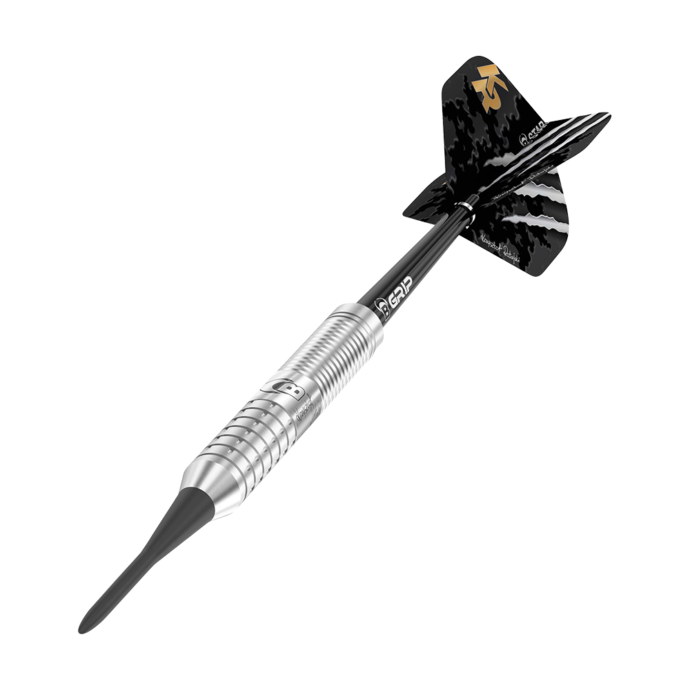 Das Bild zeigt einen silbernen Softdart mit schwarzer Spitze und schwarzem Schaft. Das Dartflight ist schwarz mit goldenen und weißen Akzenten.