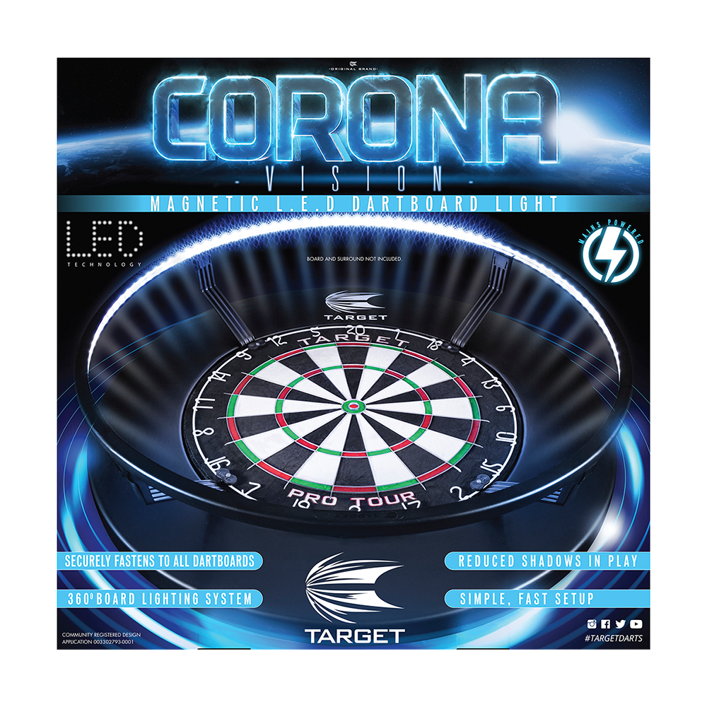 System oświetlenia tarczy LED Target CORONA Vision Das Bild zeigt das Produkt „Target CORONA Vision LED Dartboard Lighting System“, das einen Dartboard-Beleuchtungsring darstellt. Es hebt die LED-Technologie und eine gleichmäßige Ausleuchtung für weniger Schatten beim Dartspielen hervor.