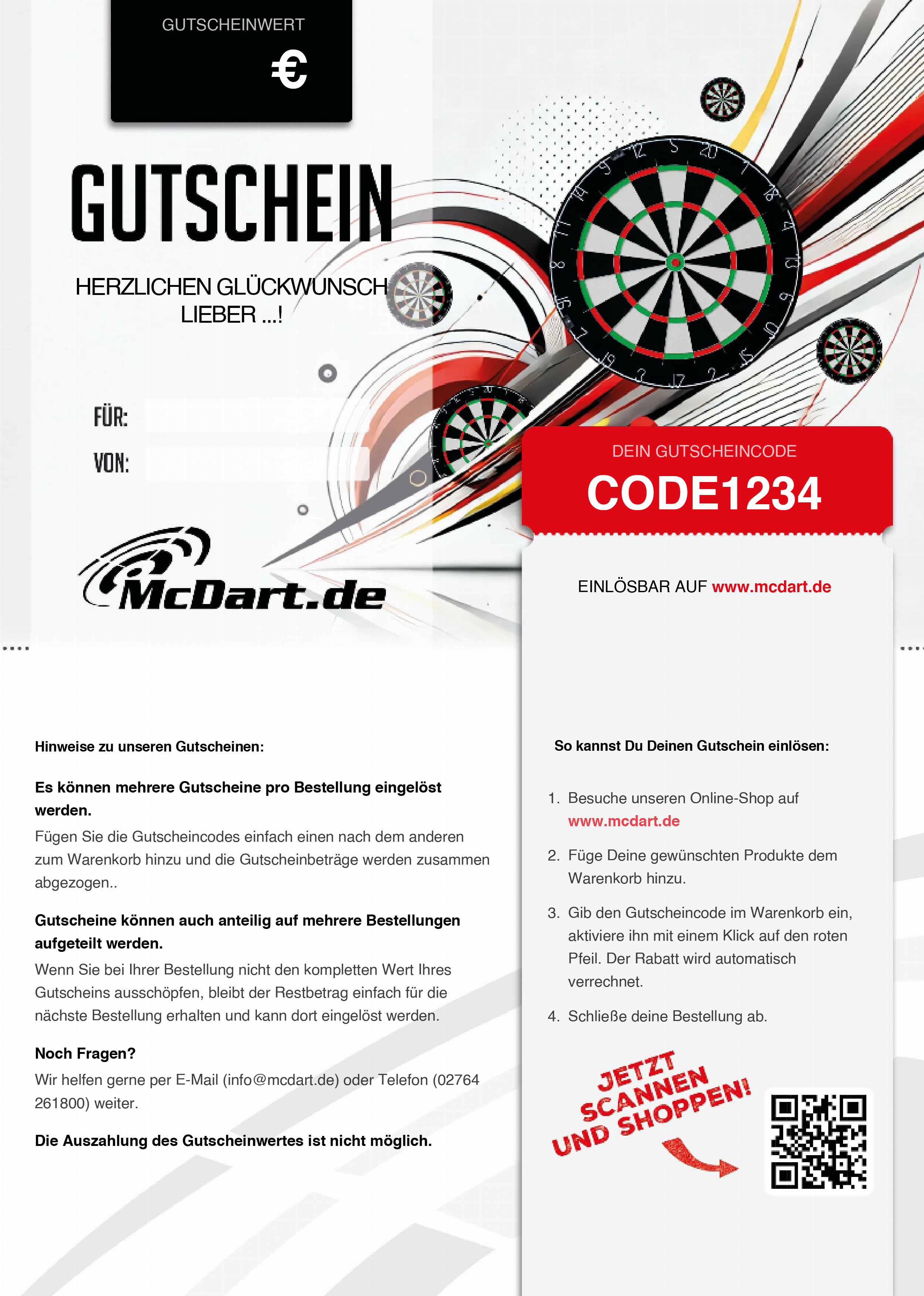 Das Bild zeigt einen Gutschein für Dartboards von McDart.de mit einem individuellen Gutscheincode. Im Design sind mehrere Dartboards sowie Hinweise zur Einlösung des Gutscheins abgebildet.