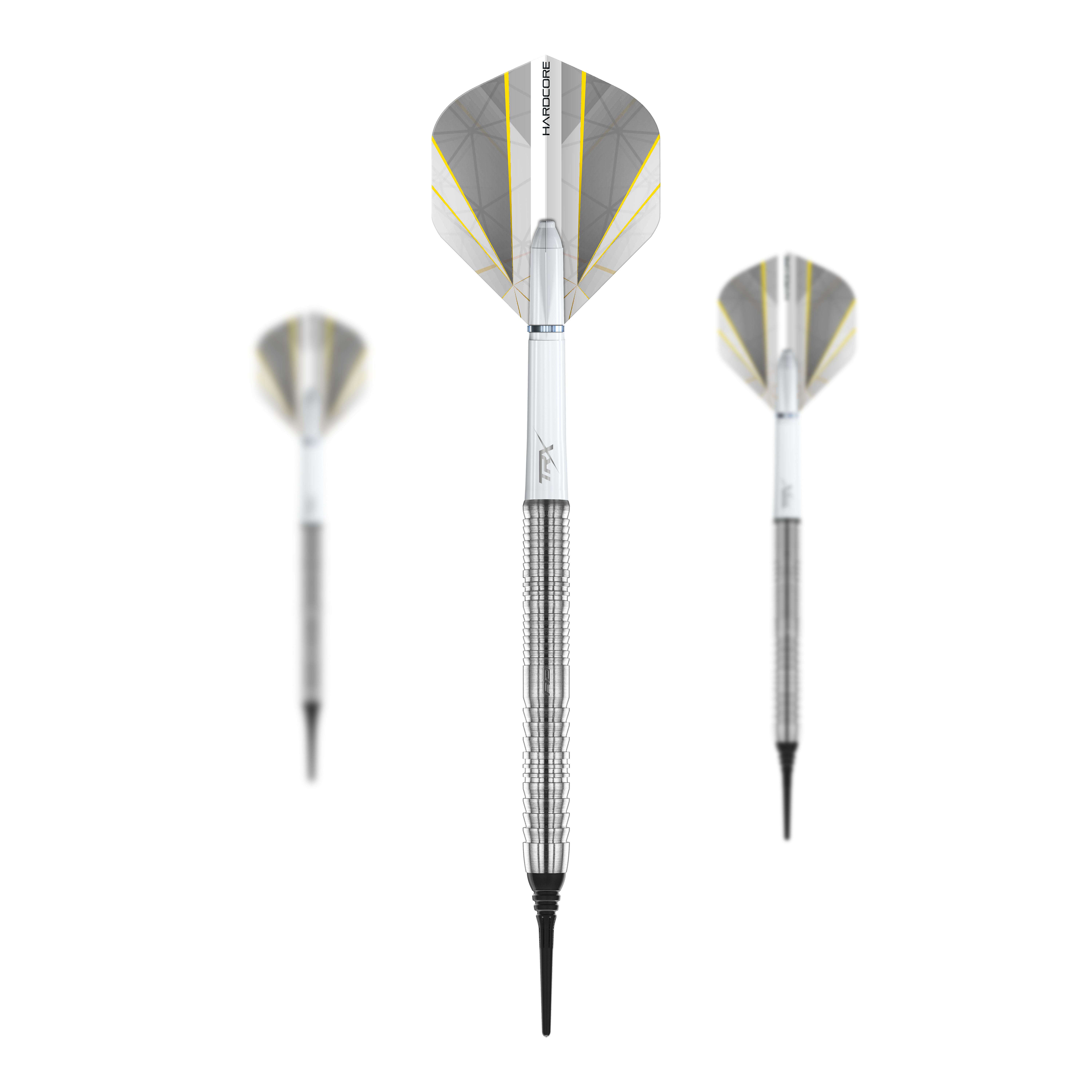 Red Dragon Seren 1 Pure Softdarts - 20g Das Bild zeigt drei "Red Dragon Seren 1 Pure Softdarts - 20g" Pfeile. Sie sind silberfarben mit schwarzen Spitzen und silber-gelb-weißen Flights.