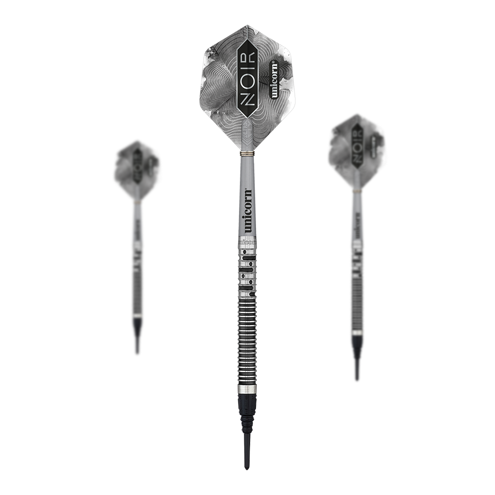 Unicorn Noir Gary Anderson Phase 5 Miękkie lotki Das Bild zeigt drei Softdarts der Marke „Unicorn Noir Gary Anderson Phase 5“. Die Darts haben ein elegantes, silber-schwarzes Design mit dem Schriftzug „NOIR“ auf den Flights.