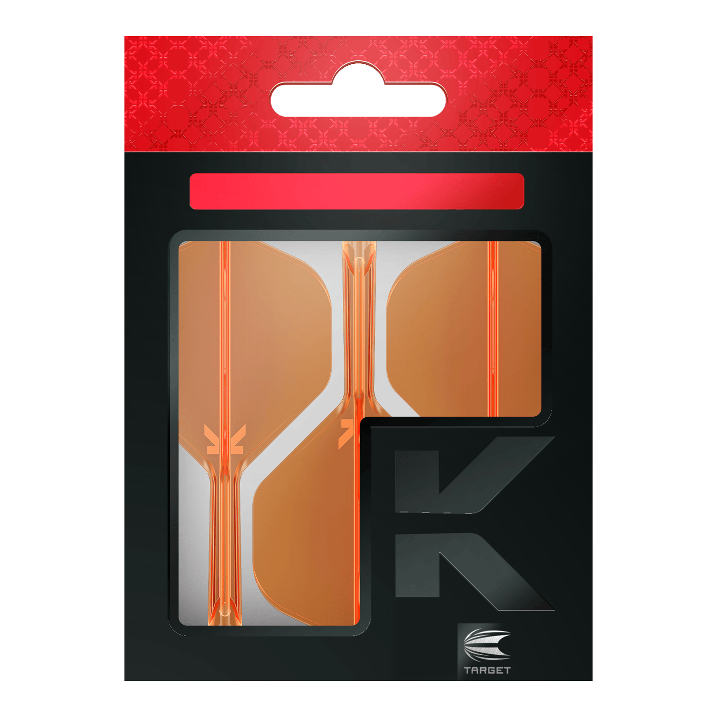 System lotu Target K-Flex No2 Standard – neonowopomarańczowy Die Abbildung zeigt eine Packung mit orangenen Dart-Flights der Marke Target. Die Verpackung ist überwiegend schwarz mit einem roten oberen Abschnitt.