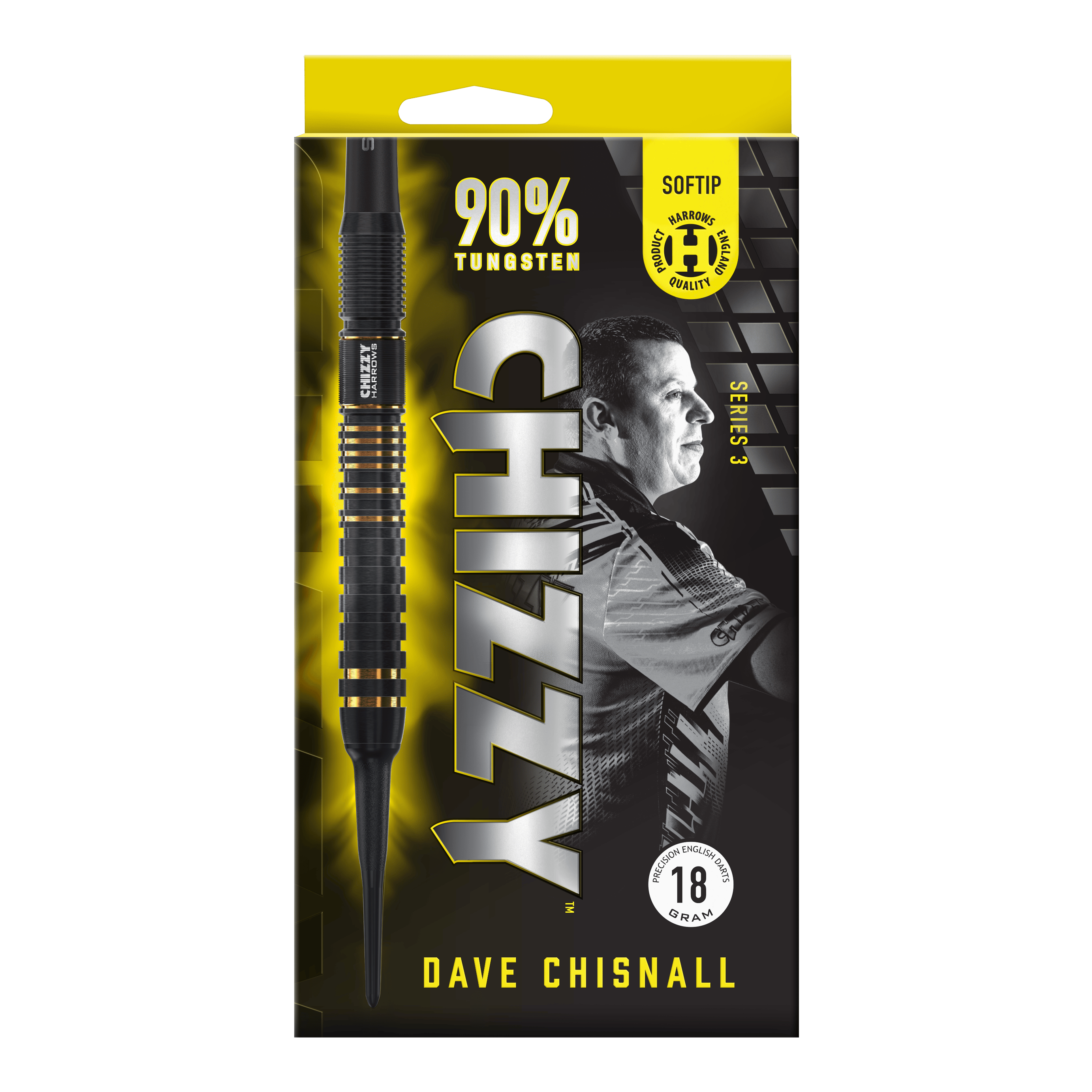 Miękkie lotki Harrow's Dave Chisnall Chizzy Series 3 Das Bild zeigt die Verpackung der "Harrows Dave Chisnall Chizzy Series 3 Softdarts". Auf der Verpackung stehen Informationen wie "90% Tungsten", "Softtip" und das Gewicht von 18 Gramm.