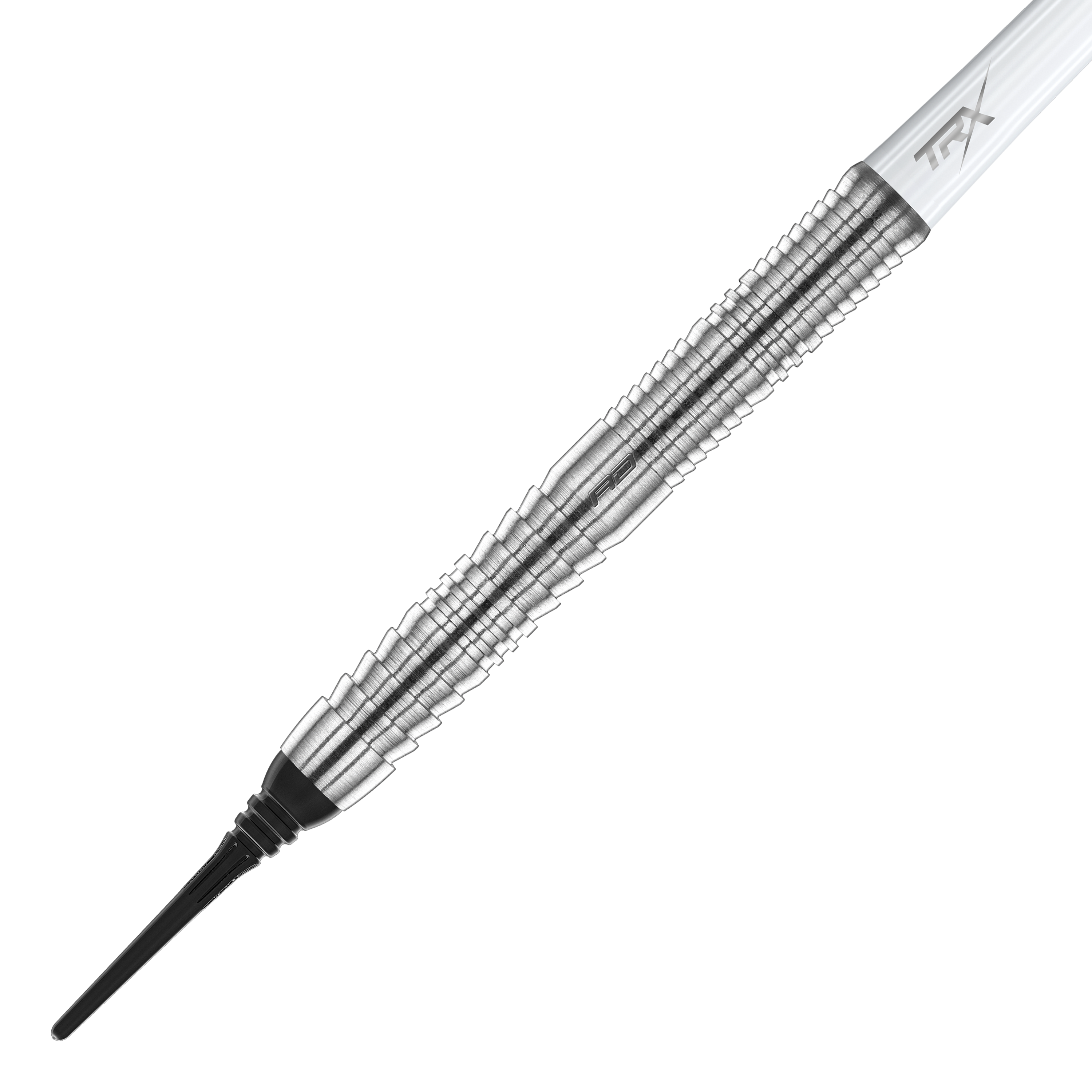 Red Dragon Seren 1 Pure Softdarts - 20g Das Bild zeigt einen Red Dragon Seren 1 Pure Softdart mit einem Gewicht von 20 Gramm. Der Dartpfeil hat ein silberfarbenes, geriffeltes Metallgehäuse und eine schwarze Softspitze.