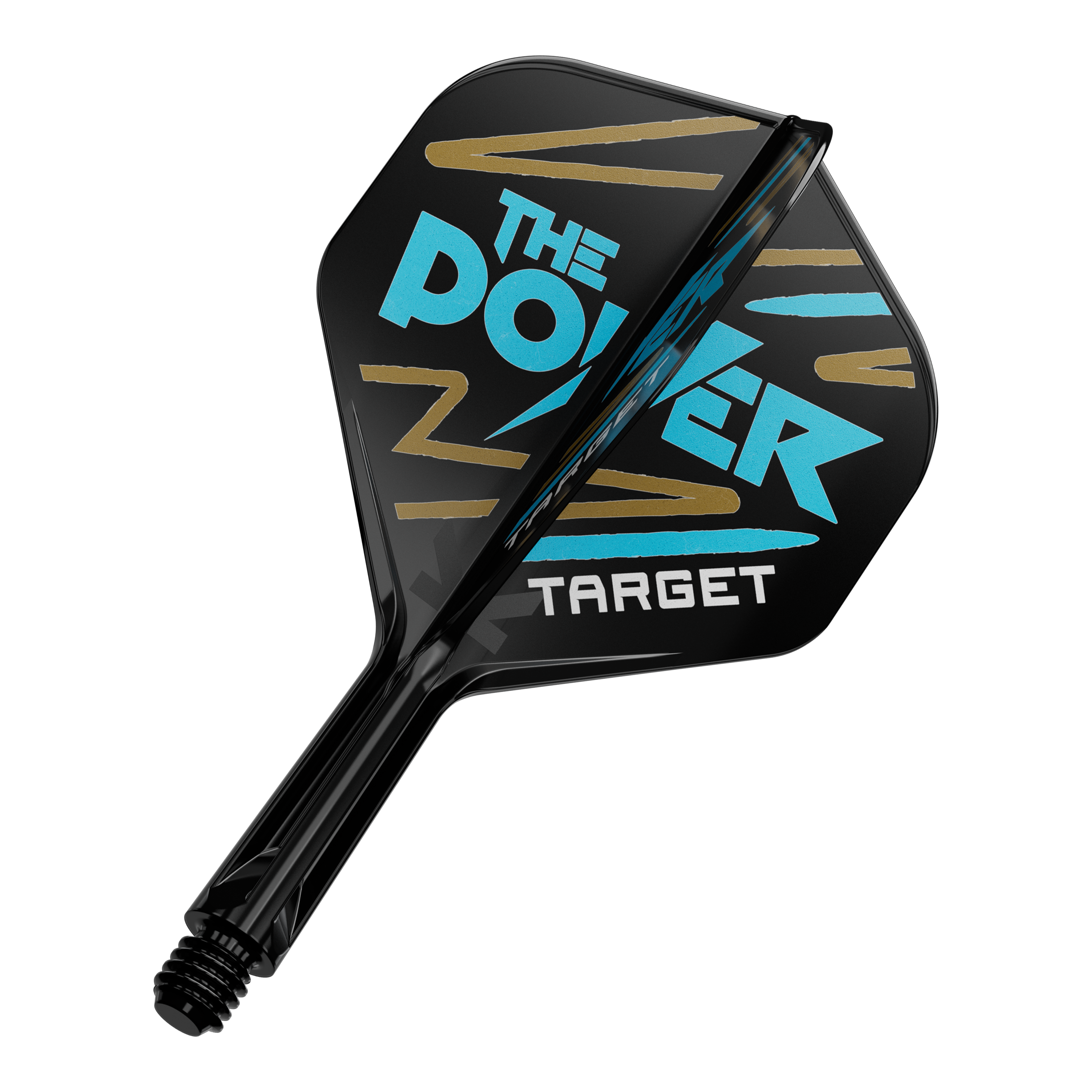 System wału lotniczego Target K-Flex Phil Taylor No2 Standard Das Bild zeigt einen schwarzen Dartflight mit der Aufschrift "THE POWER" in blauer Farbe. Darunter steht das Wort "TARGET" in weißer Schrift.