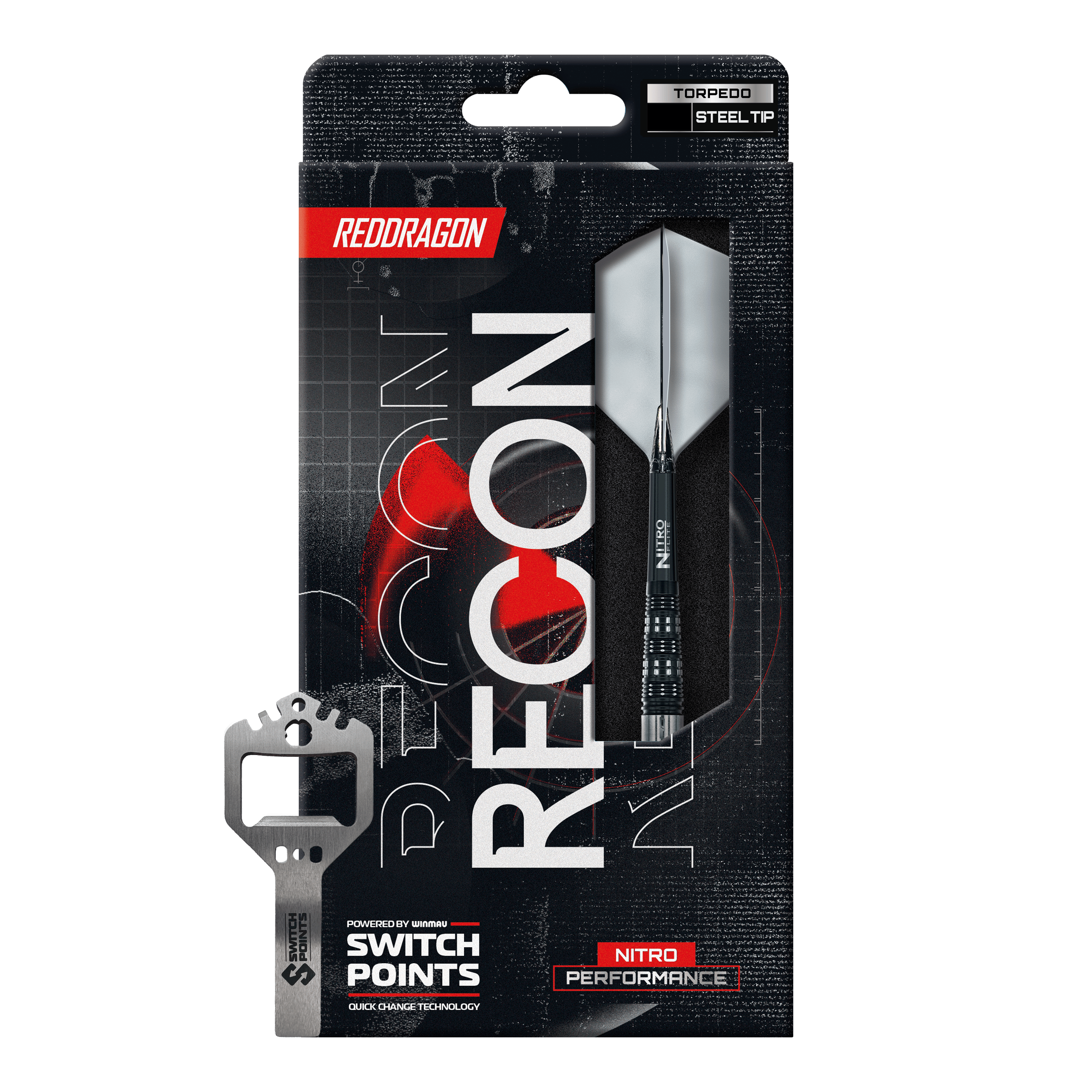 Strzałki stalowe Red Dragon Recon Torpedo Auf dem Bild sind die Red Dragon Recon Torpedo Steeldarts - 23g zu erkennen. Die Steeldarts liegen parallel zueinander.