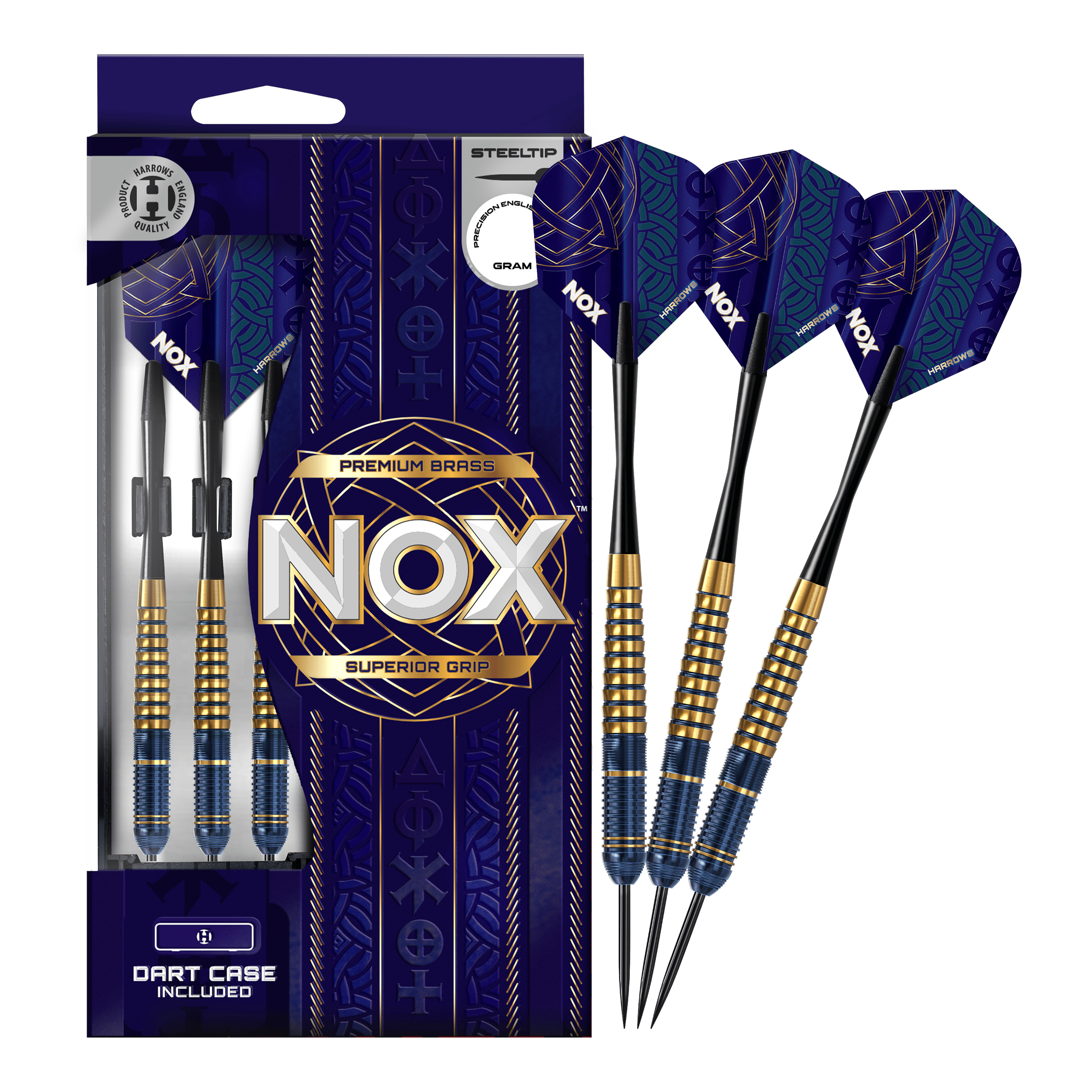 Abgebildet sind die Harrows Nox Premium Brass Steeldarts. Dieses Produkt zeichnet sich durch hochwertige Verarbeitung aus.