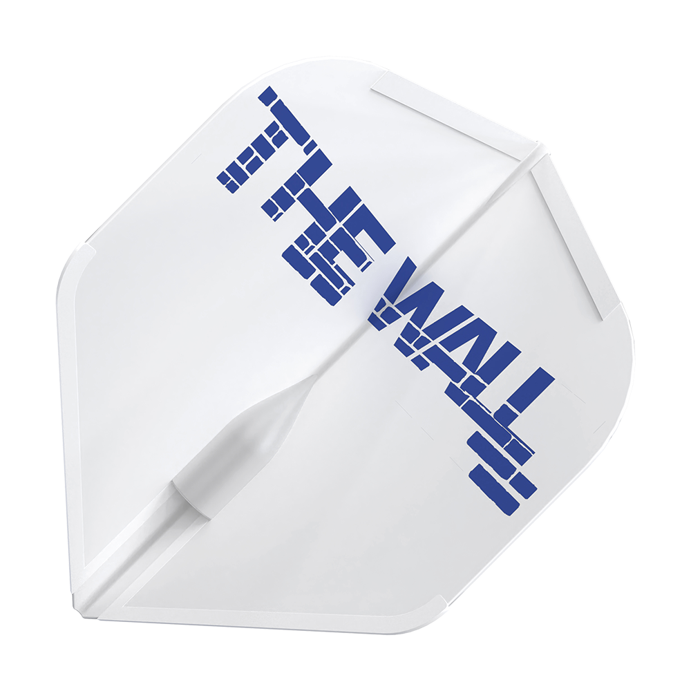 Das Bild zeigt ein weißes Dart-Flight mit der Aufschrift "THE WALL" in blauen Buchstaben. Es handelt sich um das Produkt "L-Style Martin Schindler Weiß L1EZ Flights".