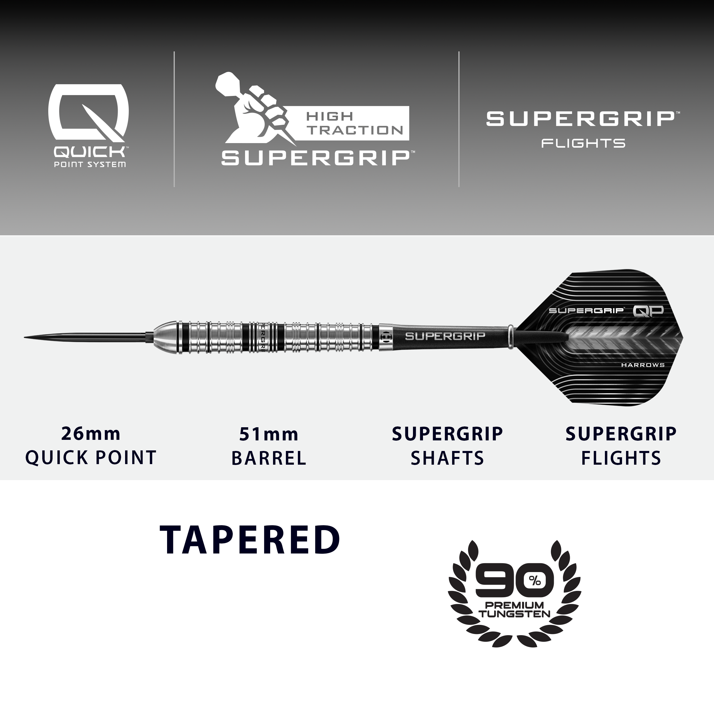 Lotki stalowe Harrows Supergrip Tapered Quick Point Abgebildet sind die Harrows Supergrip QP Tapered Quick Point Steeldarts. Sie eignen sich ideal für ein präzises Dartspiel.