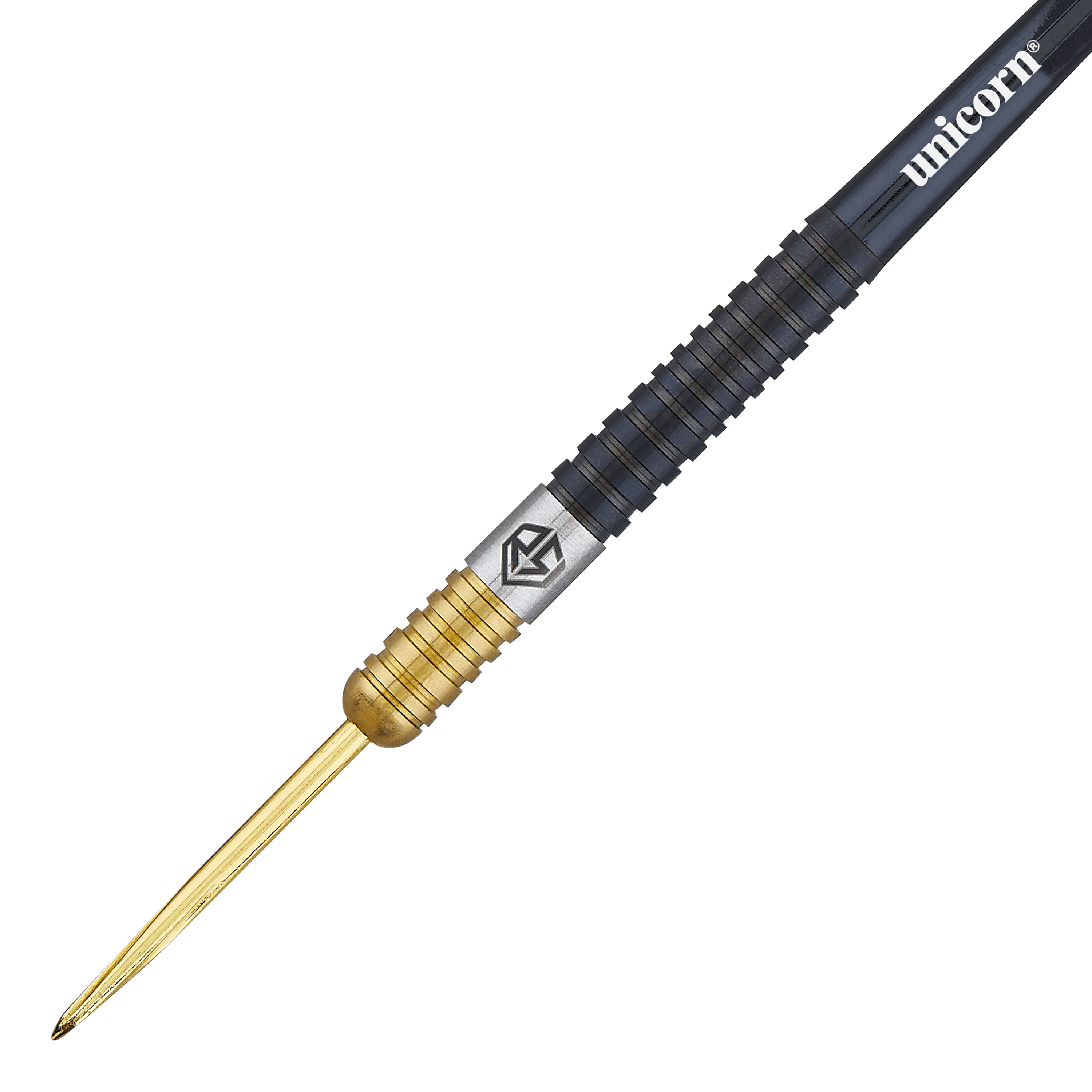 Unicorn Ross Smith Dwukolorowe stalowe lotki Das Bild zeigt einen Steeldart aus der Unicorn Ross Smith Two-Tone Serie. Der Dart ist zweifarbig mit einem goldenen vorderen Teil und einem schwarzen hinteren Teil gestaltet.