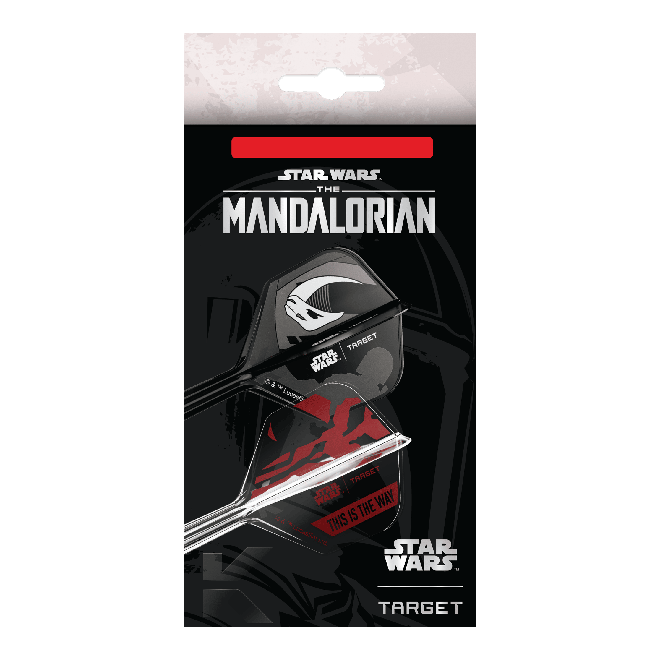 Zestaw Target Star Wars K-Flex Mandalorian No6 Flights Das Bild zeigt das Target Star Wars K-Flex-Set Mandalorian No6 Flights. Das Produkt ist ein Dart-Set mit Mandalorian-Design aus der Star Wars Reihe.