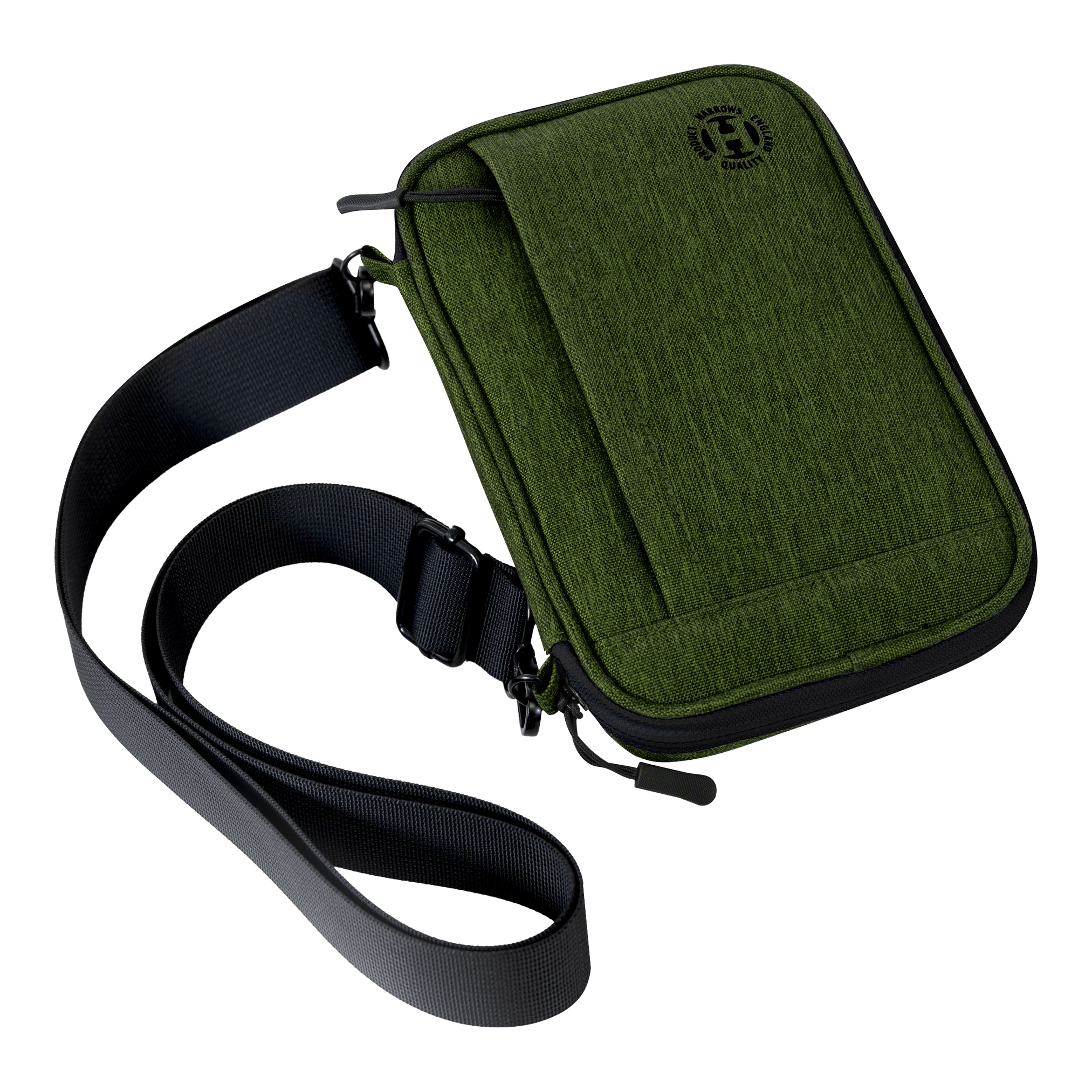 Etui na lotki Harrows Smart Case XL Auf dem Bild ist eine grüne Tragetasche mit einem schwarzen Schultergurt zu sehen. Die Tasche hat eine Klappe und wirkt robust und modern.