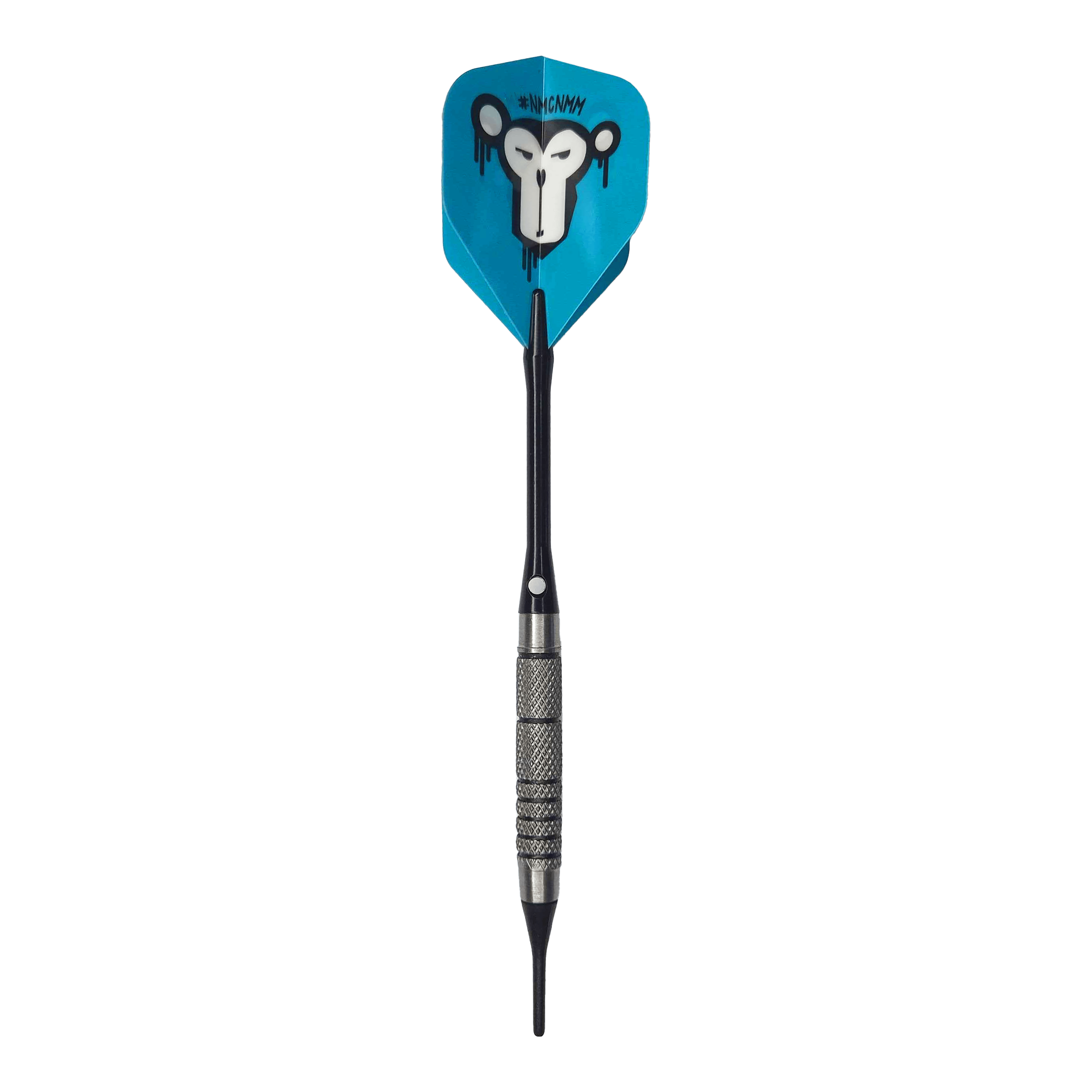 Lotki McDart 85 Tungsten V10 Soft Darts - 17,5 g Der McDart 85er Tungsten V10 Softdart wiegt 17,5 Gramm und hat einen schwarzen, geriffelten Griff. Die blaue Flight zeigt ein Affengesicht mit künstlerischem Design.