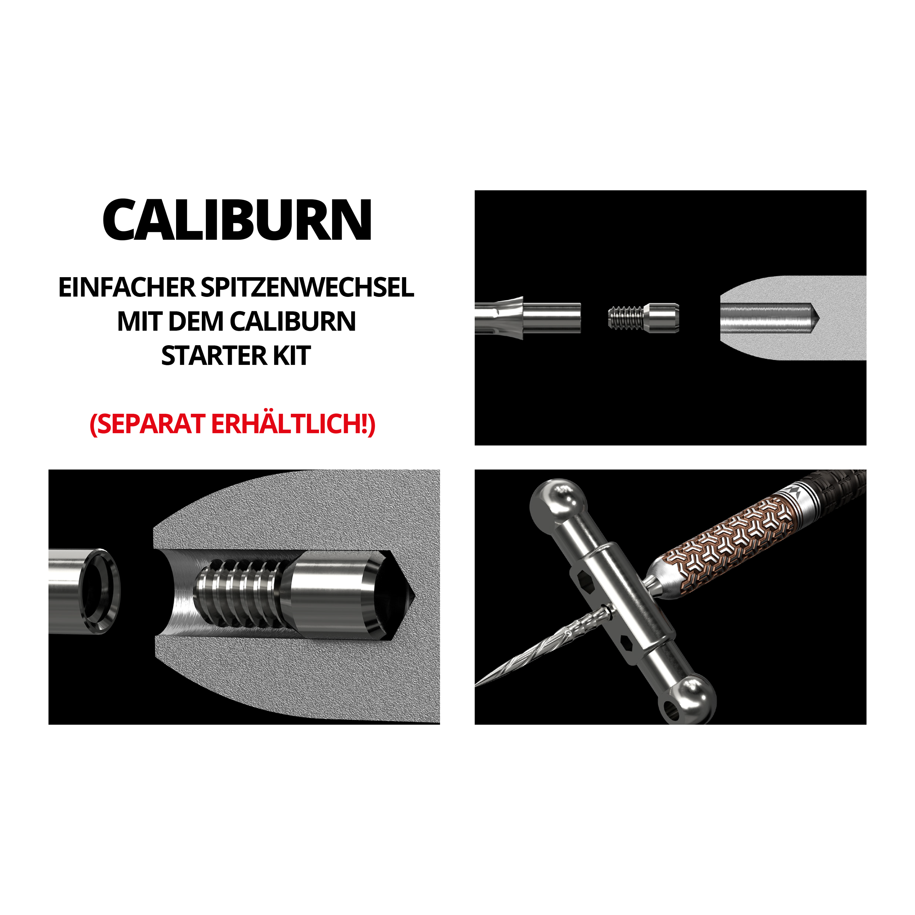 Groty do lotek Mission Caliburn EVO System ze stali - Spiro - NoLip - srebrne Das Bild zeigt eine Montageanleitung für ein spezielles Steeldartspitzen-System. Es illustriert die einzelnen Bauteile und Werkzeuge sowie deren Zusammenbau.