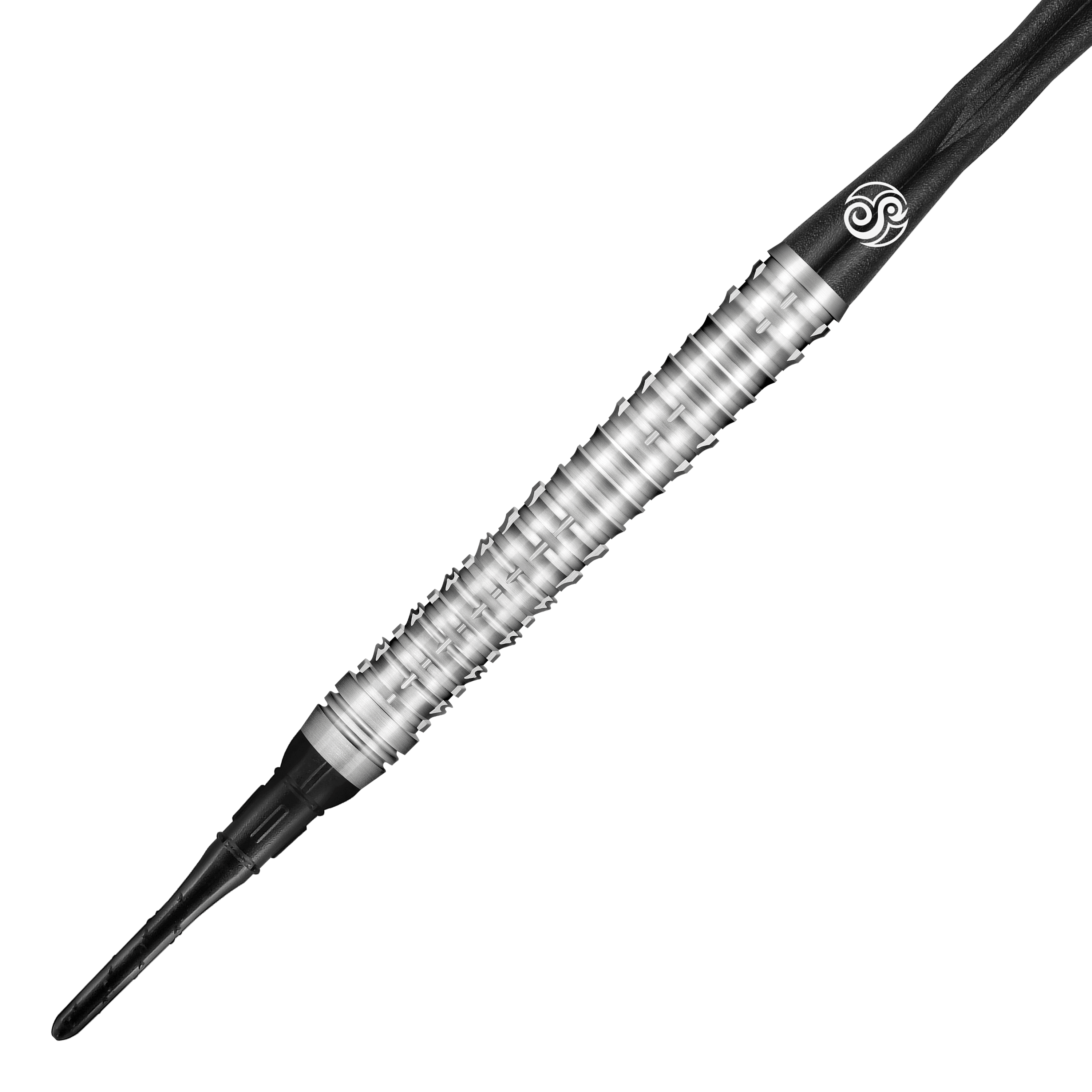 Das Bild zeigt einen Shot Future Knights Ironsoul Softdart mit einem Gewicht von 20g. Der Dart hat ein silbernes, geriffeltes Barrel und schwarze Kunststoffteile.