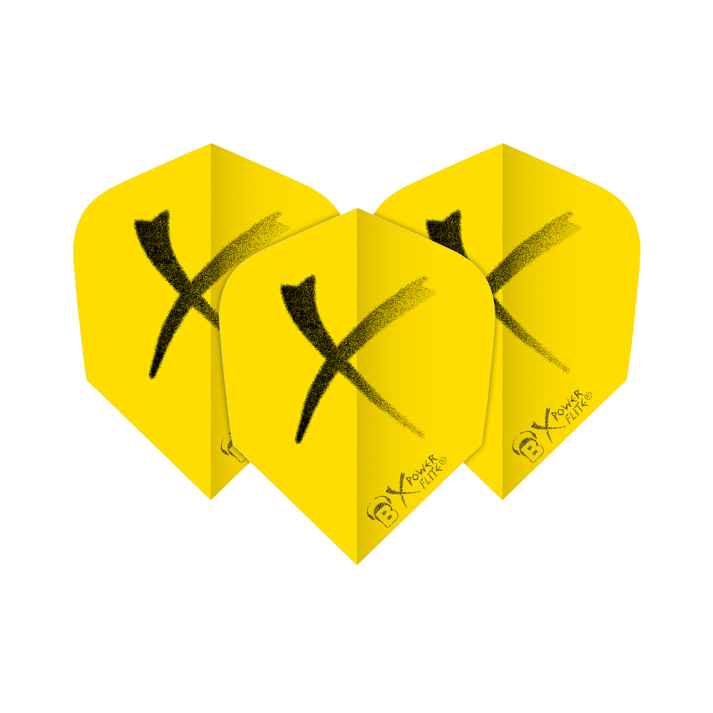 Das Bild zeigt drei gelbe Dart-Flights mit einem schwarzen X darauf. Es handelt sich um das Produkt "Bulls X Power Gelb No6 Flights".