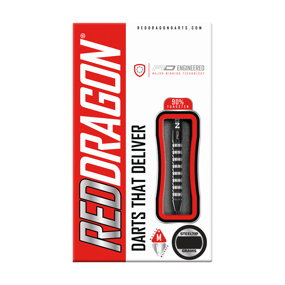 RD2532_Red_Dragon_Razor_Edge_Elite_Steeldarts_3 Auf dem Bild ist eine Verpackung für Red Dragon Steeldarts zu sehen. Die Verpackung hebt hervor, dass die Darts zu 90 % aus Wolfram bestehen und für präzises Werfen geeignet sind.