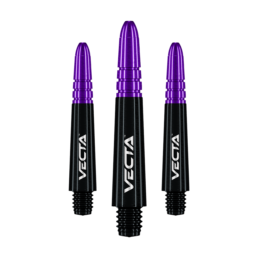 Winmau Vecta Shafts - Schwarz Lila Auf dem Bild sind drei Dartschäfte in Schwarz und Lila zu sehen. Sie tragen die Aufschrift "VECTA" und haben ein modernes Design.