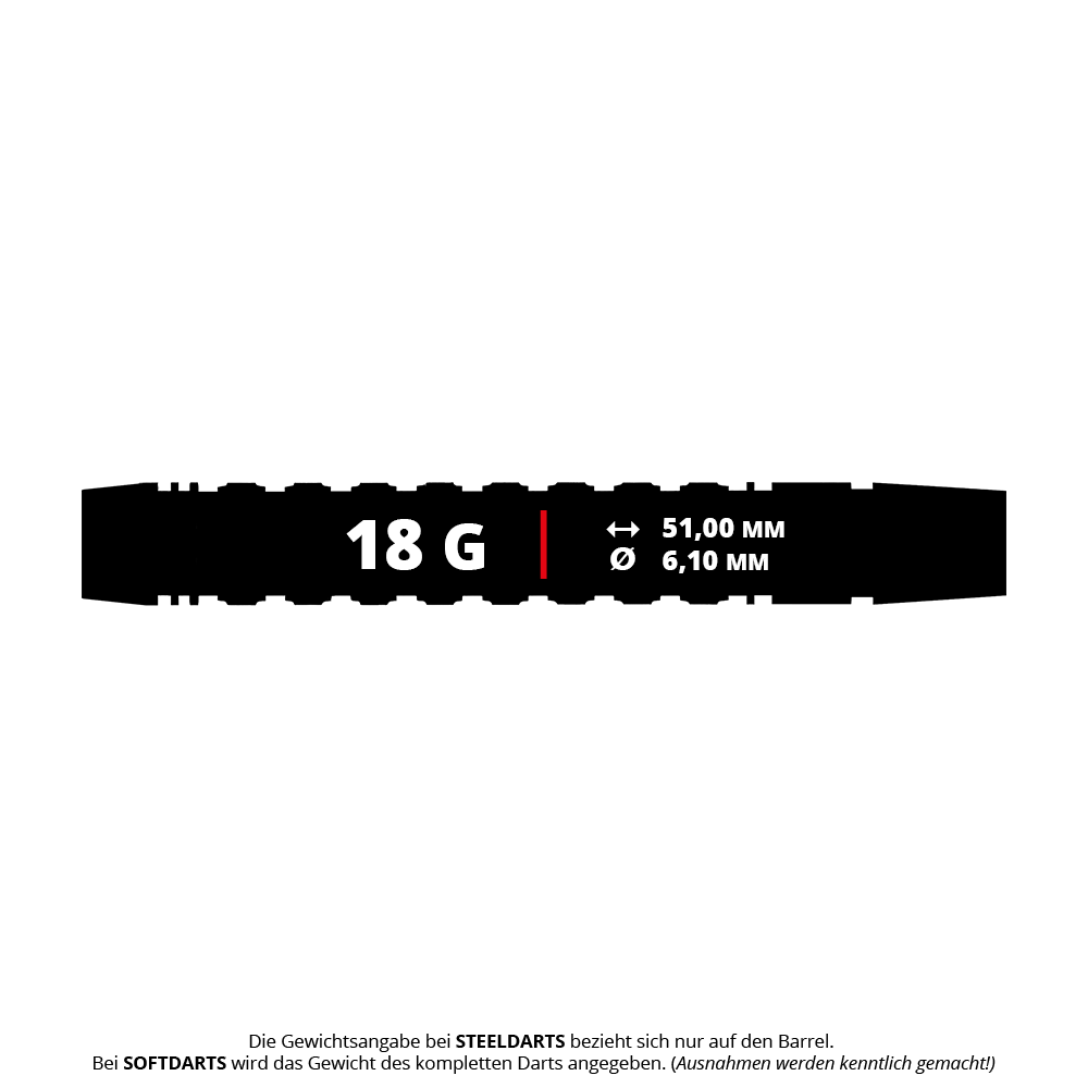 Harrow's Luke Woodhouse Series 2 Soft Darts - 18g Das Bild zeigt die Maße und das Gewicht des Produkts "Harrows Luke Woodhouse Series 2 Softdarts - 18g". Der Softdart wiegt 18 Gramm, ist 51,00 mm lang und hat einen Durchmesser von 6,10 mm.