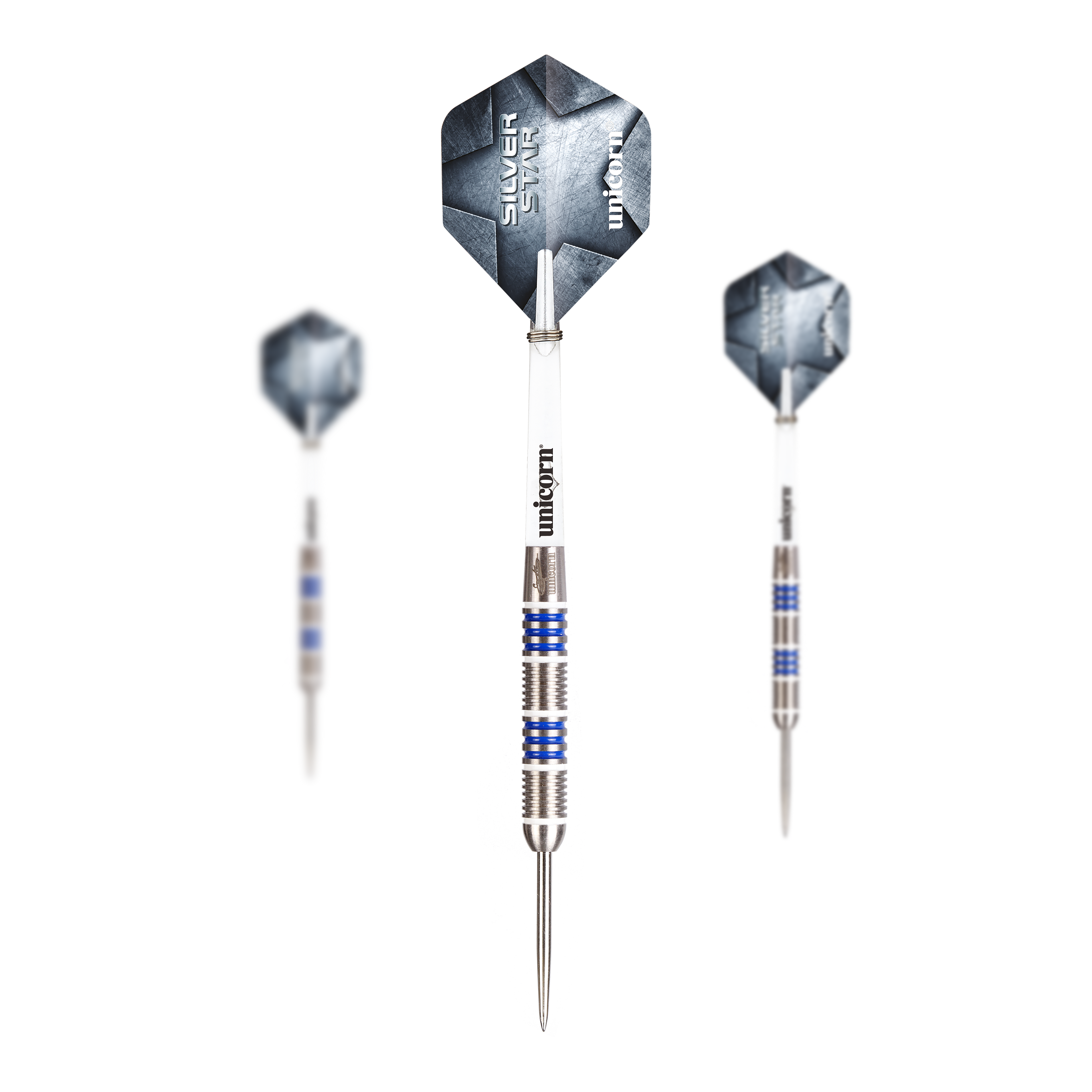 Stalowe lotki Unicorn Silver Star Var.4 Gary Anderson Abgebildet ist ein Set Unicorn Silver Star Var.4 Gary Anderson Steeldarts. Das Set besteht aus mehreren silbernen Darts mit Flights.