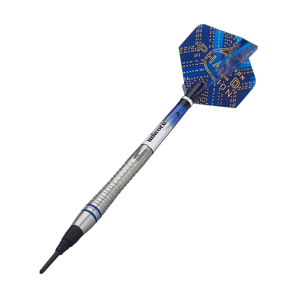 04504_Unicorn_World_Champion_Gary_Anderson_Phase_6_Softdarts_4 Auf dem Bild ist ein Softdartpfeil mit silbernem Schaft und blauer Flight-Spitze zu sehen. Der Flight ist mit gelben Punkten und der Aufschrift "PHASE 6" verziert.