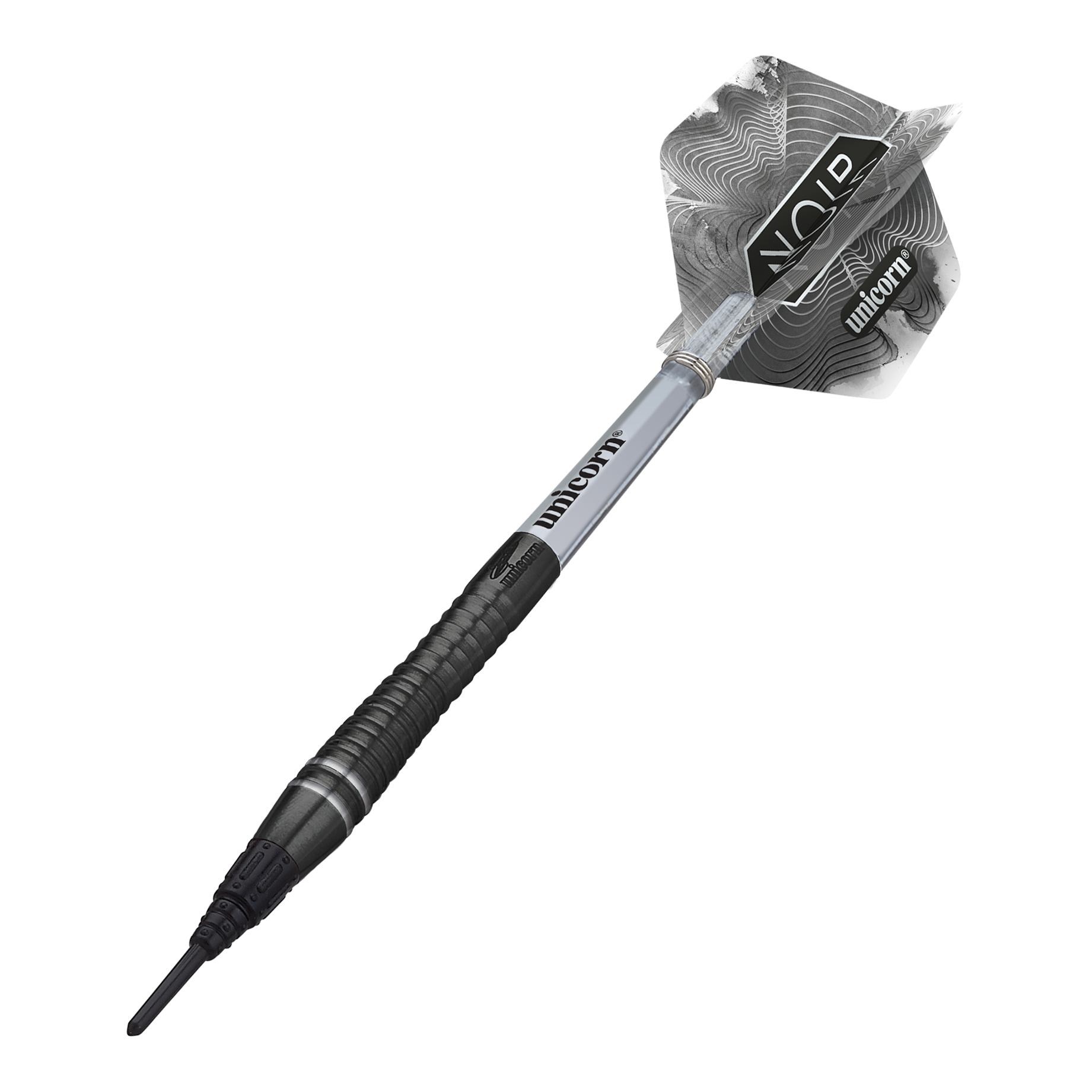 Mistrz Świata Jednorożców Gary Anderson Noir Phase 6 Soft Darts Das Bild zeigt einen Unicorn World Champion Gary Anderson Noir Phase 6 Softdart. Der Dartpfeil ist schwarz-silbern und hat ein modernes, gemustertes Flight-Design.