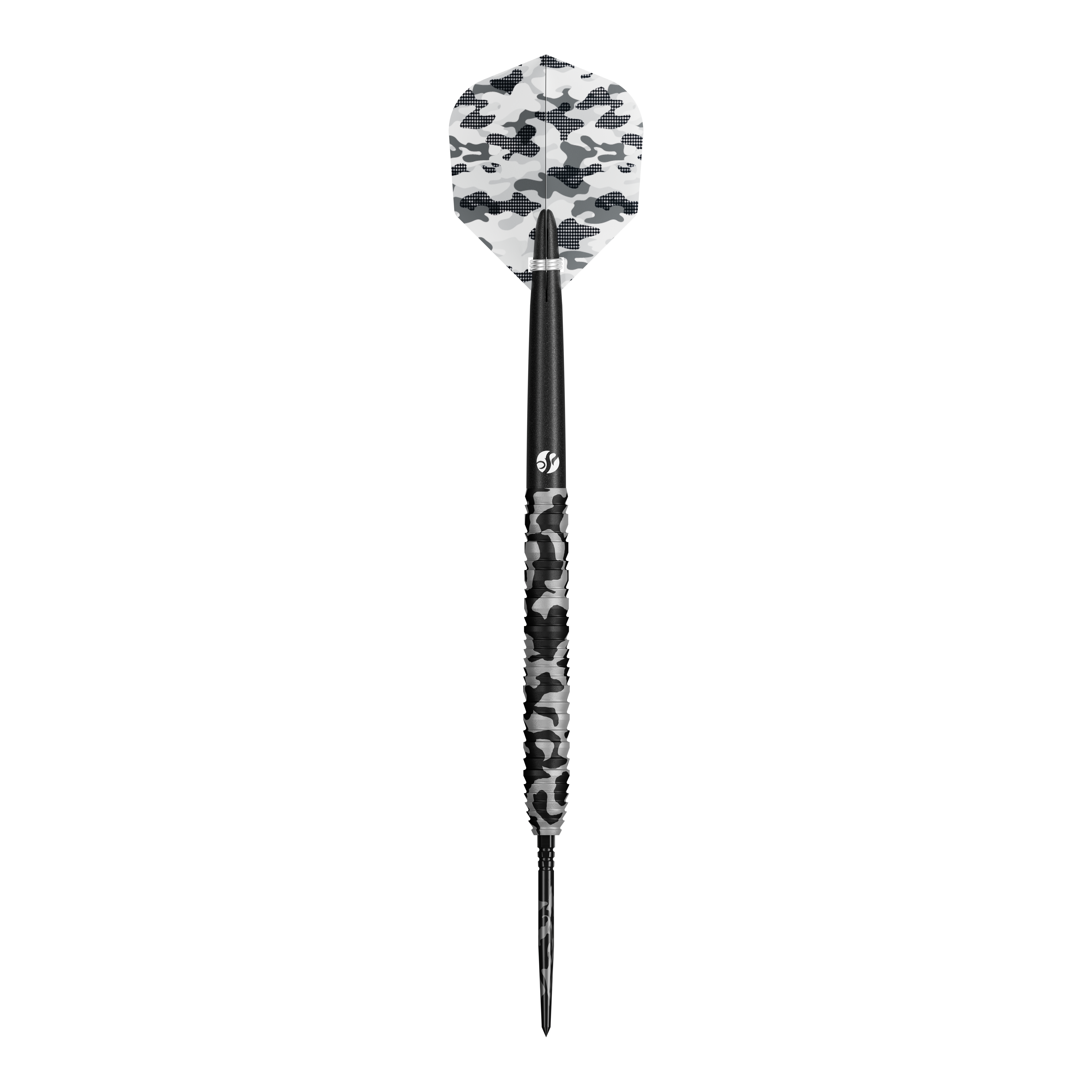 Shot Camo Polar Turbo Point Steeldarts Ein Satz Steeldarts mit besonderem Muster ist zu erkennen. Die Darts sind aufgereiht dargestellt.
