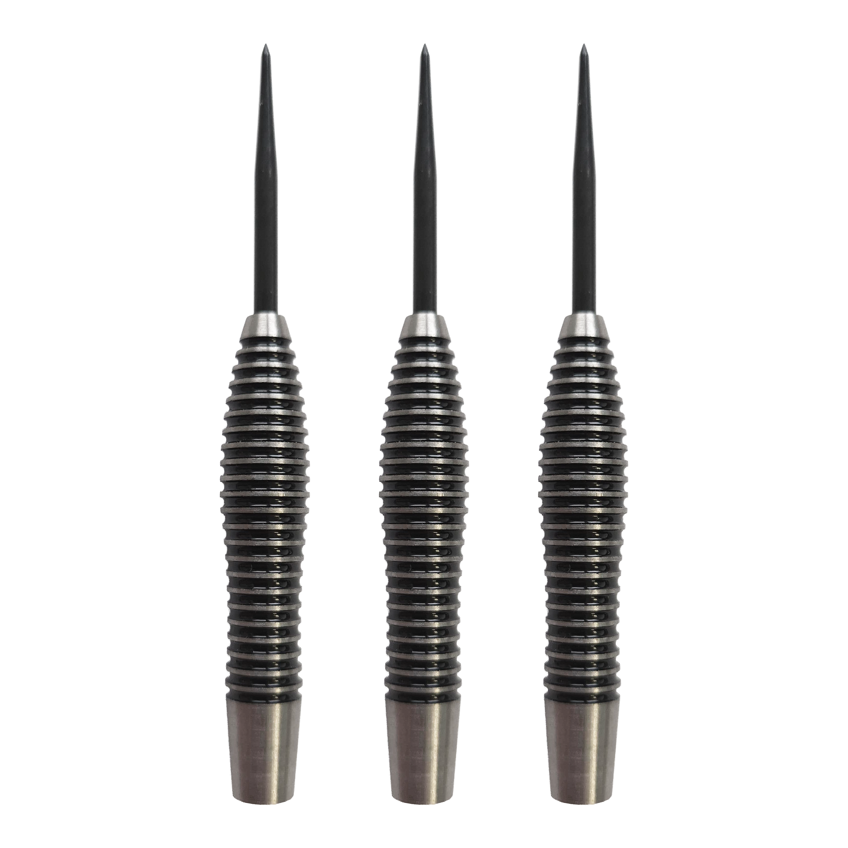 Auf dem Bild sind die McDart Black Ring Torpedo Steeldart-Barrels - 24g dargestellt. Es wird ein Set von Dart-Barrels im Torpedo-Design mit schwarzen Ringen gezeigt.