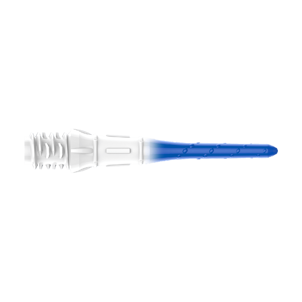 Końcówki do brwi L-Style Premium Lippoint Gradiation Dart Tips (opakowanie 30 sztuk) Das Bild zeigt eine Dartspitze mit einem Farbverlauf von Weiß zu Blau. Die Spitze hat kleine Einkerbungen entlang des blauen Teils.