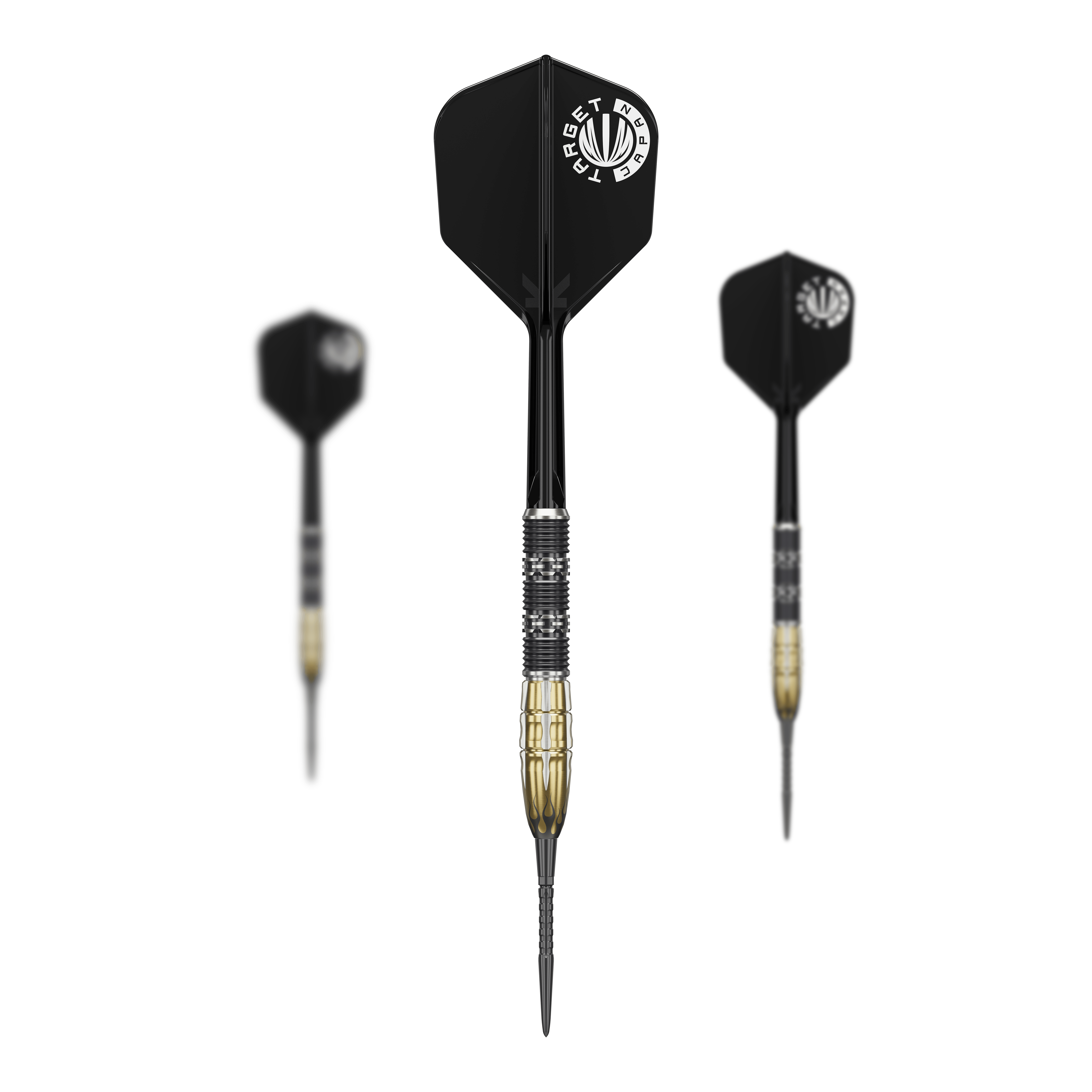 Das Bild zeigt drei Steeldarts des Modells "Target Japan Pyro GEN11 Swiss Point - 22g". Die Darts haben schwarze Flights und einen schwarz-goldenen Barrel.