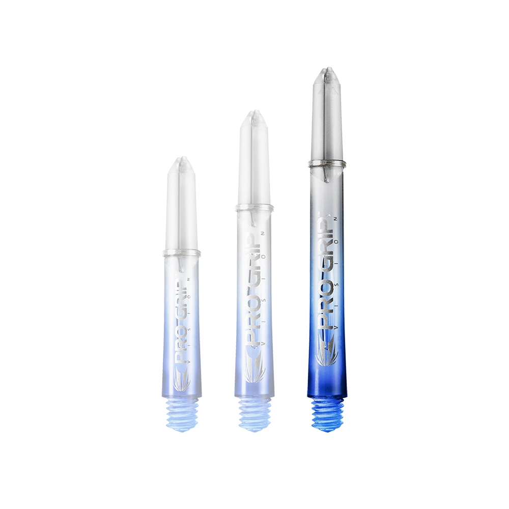 Target Pro Grip Vision Shafts - 3 zestawy - niebieskie Das Bild zeigt drei unterschiedlich lange Dartshafts der Marke "Pro Grip" in Blau. Sie sind unten blau und werden nach oben hin durchsichtig.