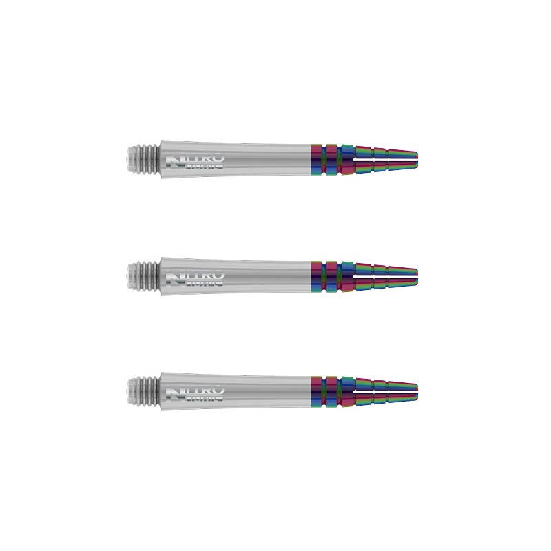 C600_Nitro_Ionic_Short_White_Shafts Das Bild zeigt drei weiße RedDragon Nitrotech Ionic Shafts für Dartpfeile. Sie haben am Ende eine bunte, metallische Verzierung.