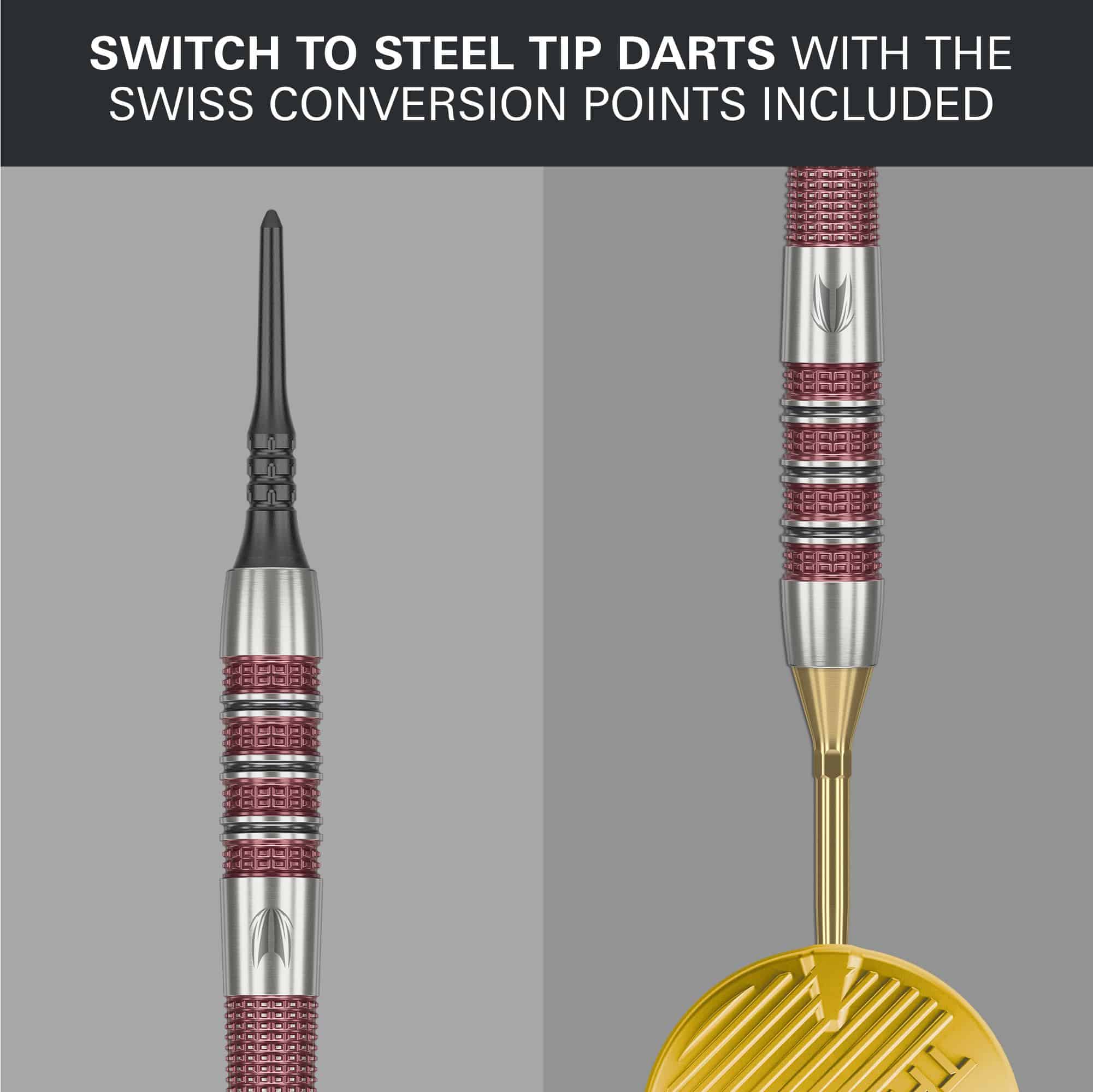 Target Stephen Bunting 95K Miękkie lotki - 19g Das Bild zeigt die Target Stephen Bunting 95K Softdarts mit einem Gewicht von 19 Gramm. Oben steht, dass man mit den enthaltenen Swiss Conversion Points einfach auf Steel-Tip-Darts wechseln kann.