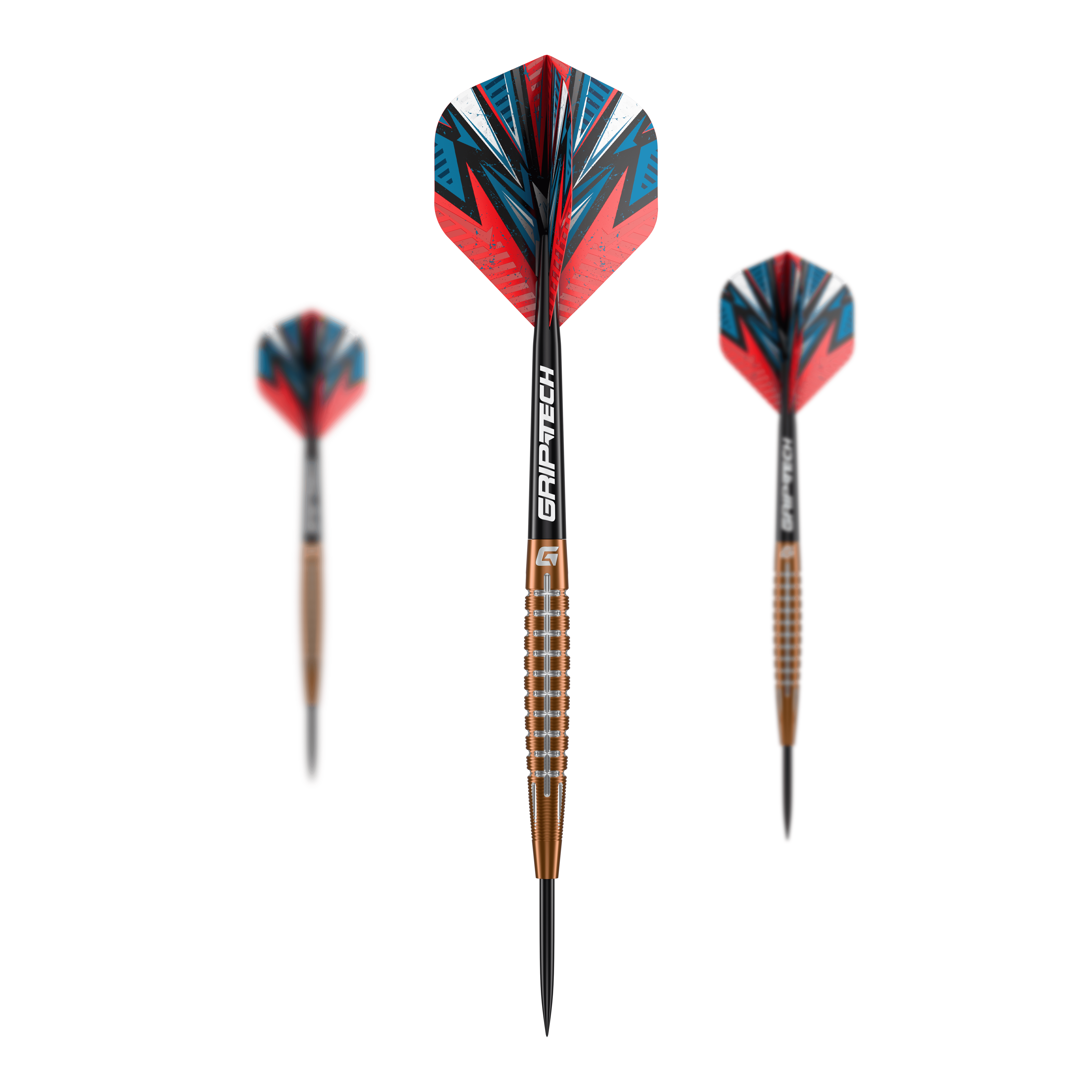 Lotki GOAT Quarterback V1 ze stali wolframowej Das Bild zeigt drei GOAT Quarterback V1 Tungsten Steeldarts. Die Pfeile haben bunte Flights in Rot, Blau und Schwarz sowie einen bronzefarbenen, gerillten Schaft.