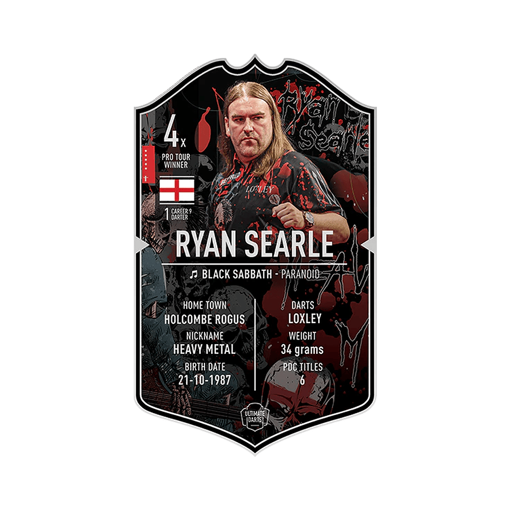 Karta Ultimate Darts – Ryan Searle Das Bild zeigt die „Ultimate Darts Card“ von Ryan Searle. Auf der Karte sind Informationen zu seinem Spitznamen, Geburtsdatum, Herkunft und Erfolgen im Dartsport zu sehen.